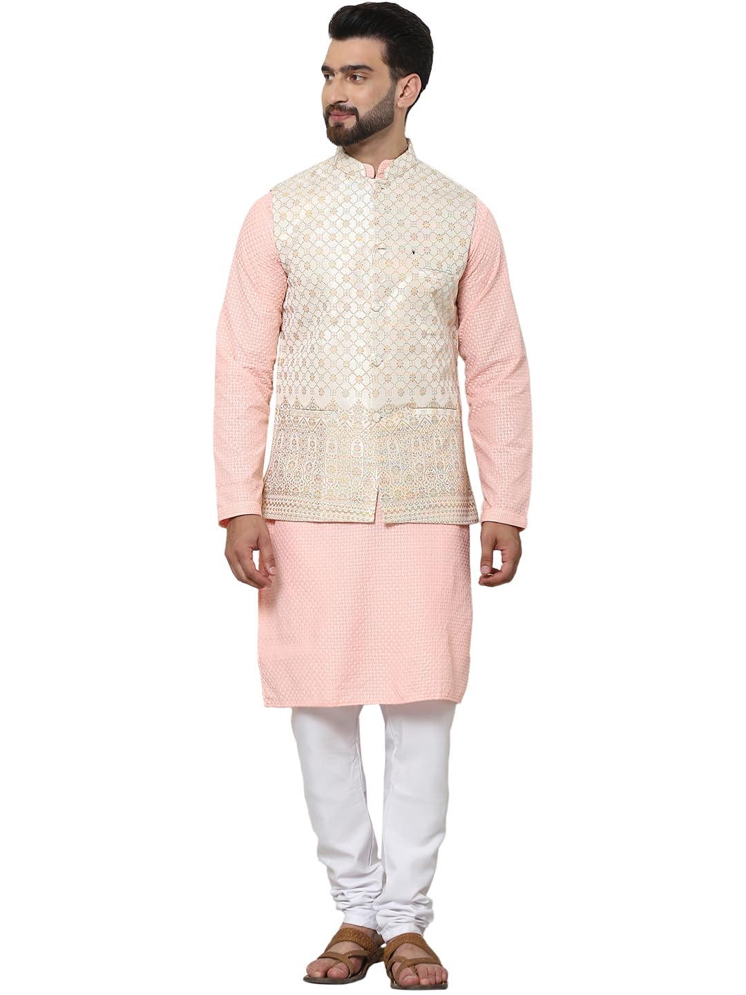 Sojanya (Since 1958 Men's Pure Cotton Peach Kurta And White Pyjama With Cream Nehru Jacket