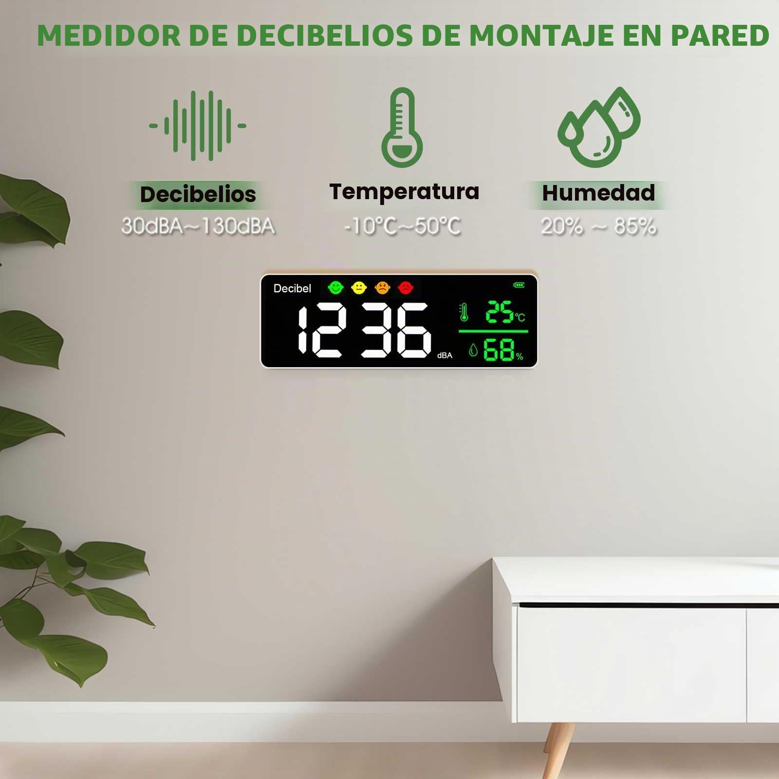 Medidor de Decibelios Medidor de Nivel de Sonido de Pared 30-130dB Decibelímetros Medidor de Ruido con Alarma, Medidor de Ruido/Temperatura/Humedad con Pantalla Grande LCD de 11 Pulgadas para Casa