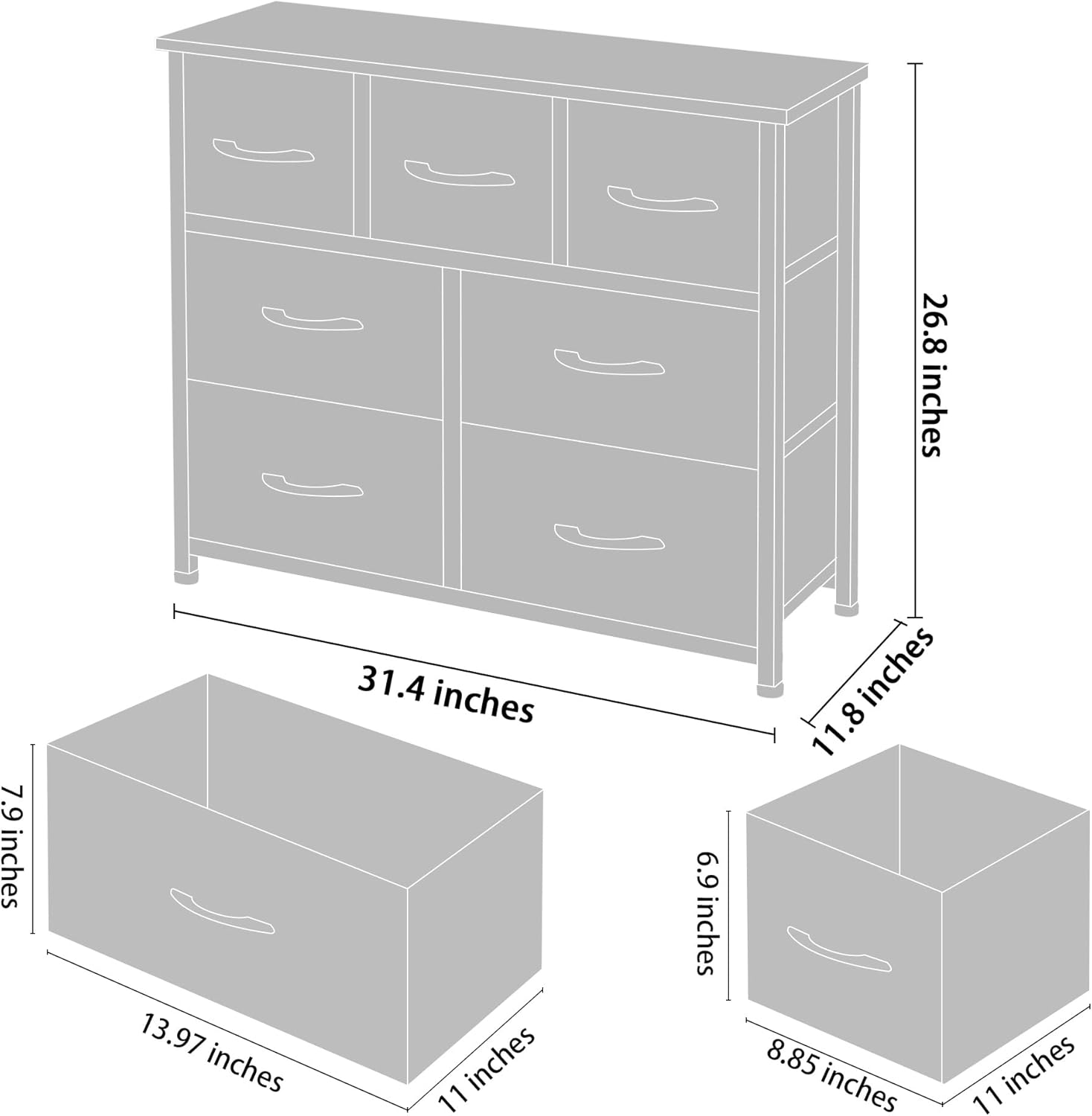 AZL1 Life Concept Storage Organizer 7-Drawer Closet Shelves, Sturdy Steel Frame Wood Top with Easy Pull Fabric Bins for Clothing, Dark Grey