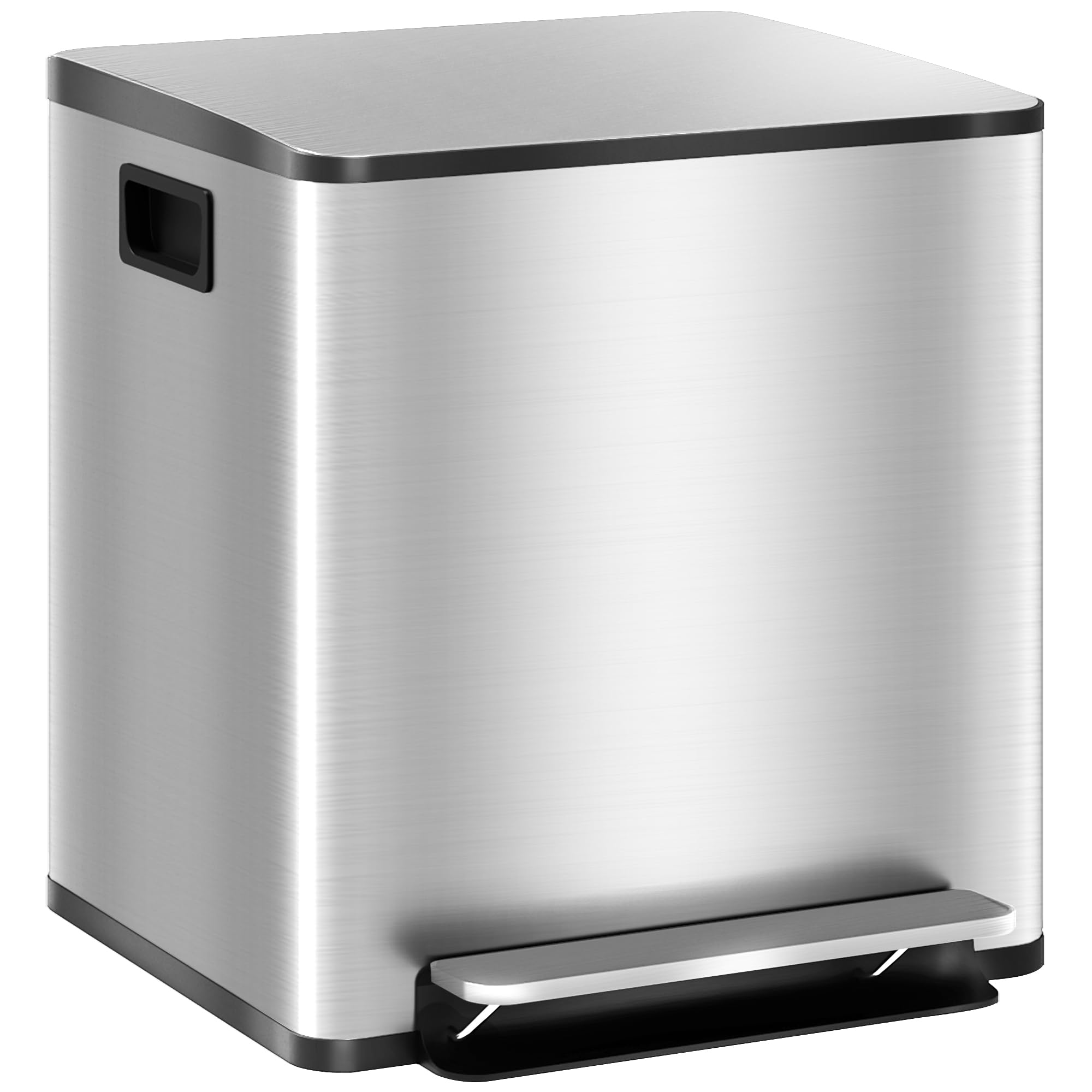 HOMCOM Dual Kitchen Bin, 2 x 15L Stainless Steel Double Pedal Bin with Soft-Close Lid, Removable Inner Buckets and Handles for Recycling and Waste, Silver Tone