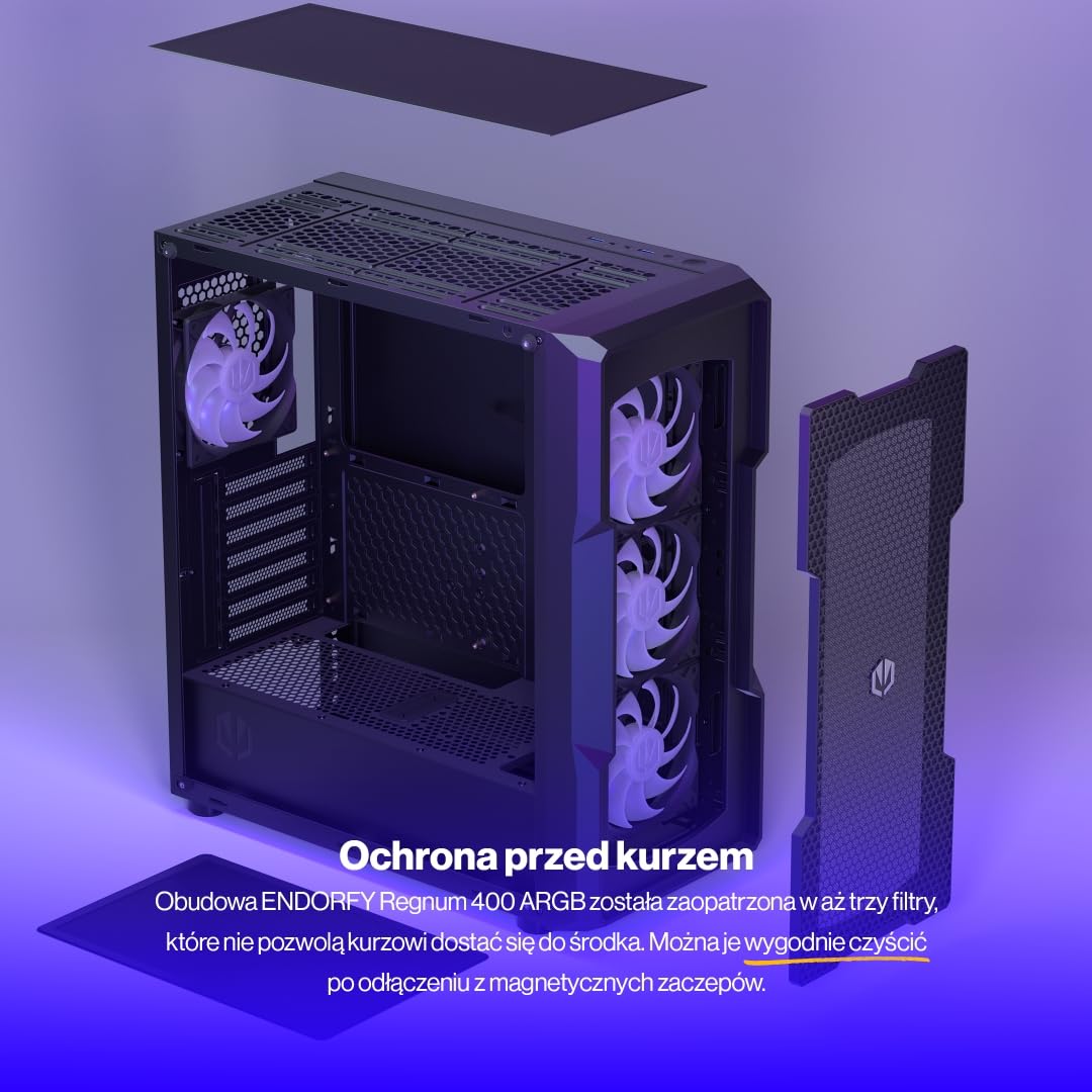 ENDORFY Regnum 400 ARGB Obudowa PC ATX z Hartowanym Szkłem | 4x Stratus 120 PWM ARGB, Kontroler PWM+ARGB, Mesh Front, Obsługa Chłodnic 360 mm, GPU do 370 mm