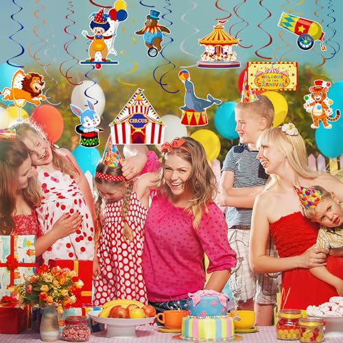 Image of 58 Pcs Carnival Hanging Swirl Decorations Circus Animal Party Supplies circus theme party decorations Baby Shower Decor Ceiling Circus Streamers for First Bday Circus Birthday Party Favors