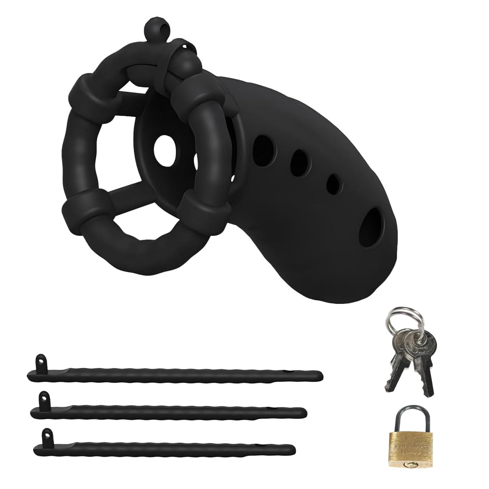 Giocattolo del sesso della gabbia del pene del silicone con 3 anelli di dimensioni diverse ventilato piccolo set di gabbia di castità gabbia del cazzo SM Fetish Bondage per gli uomini (Black)