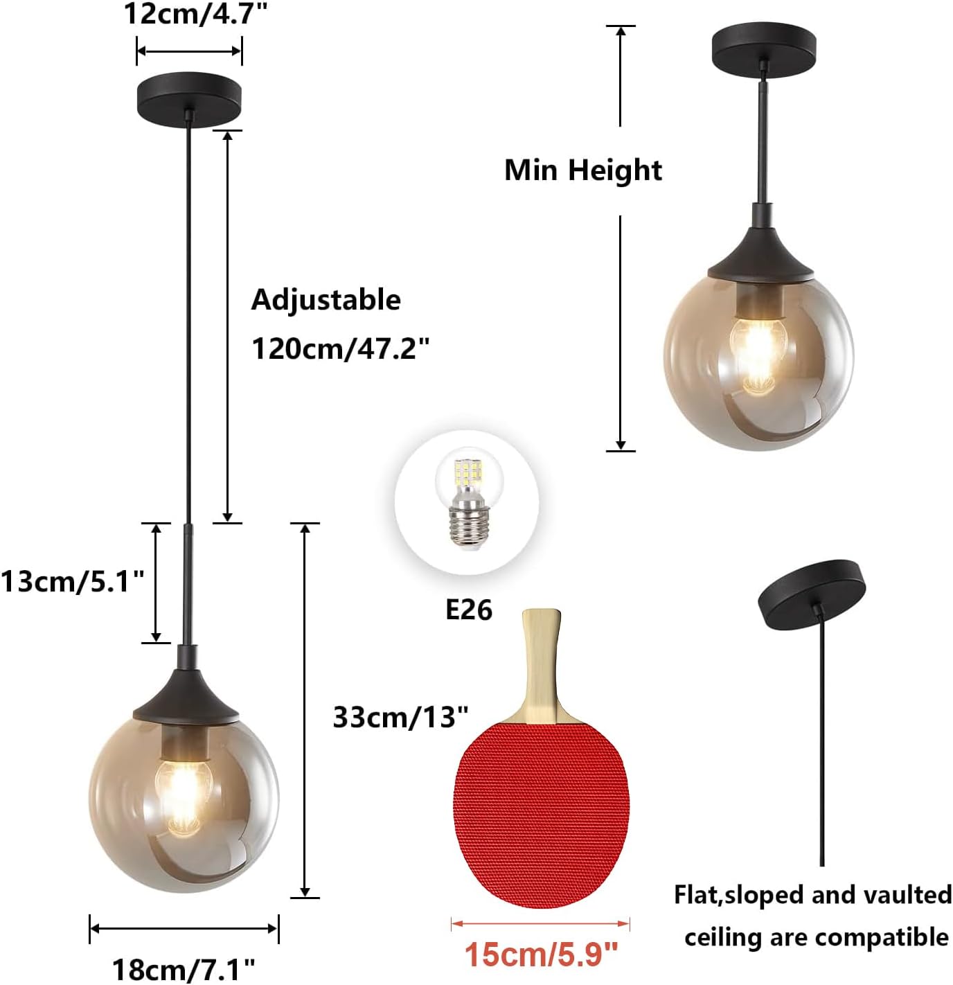 KCO Lighting Contemporary Black Pendant Light Fixture Glass Globe Ceiling Hanging Light Fixture with Adjustable Cord Mid Century Modern Kitchen Island Lighting (Smoke Grey)