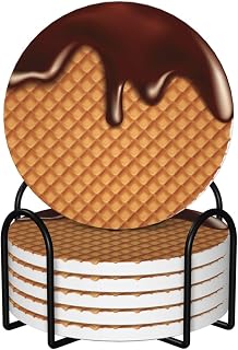 6-Pack Ceramic Waffle with Chocolate Drink Coasters Set for Cups Mugs Glasses,Absorbent Non-Slip Heat-Resistant Coasters for Home Office Bar Wedding Gift