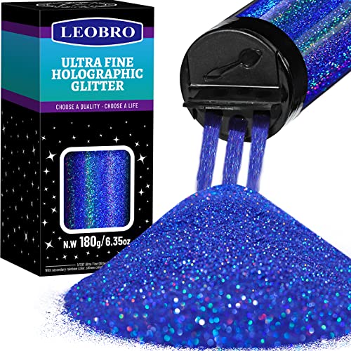 LEOBRO Blue Glitter - 180G/6.35OZ Holographic Ultra Fine Resin Glitter Powder for Christmas Decors & Crafts