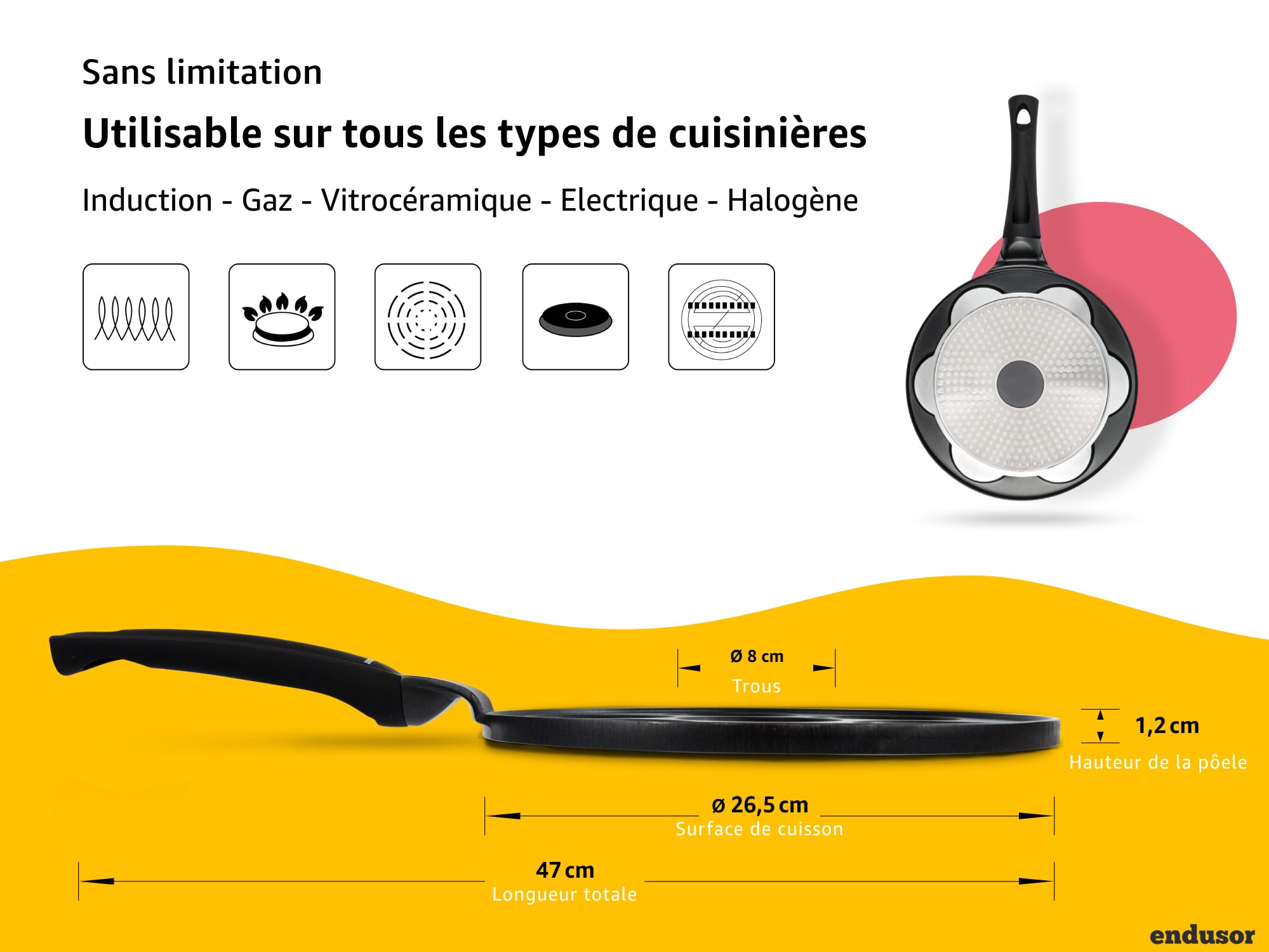 endusor Poele a pancakes induction - Poele pancakes avec un diamètre de 26cm + revêtement anti-adhésif | Plaque à Induction Gaz Céramique Électrique Halogène | 7 trous pour Pancake Blinis Oeuf Crêpe