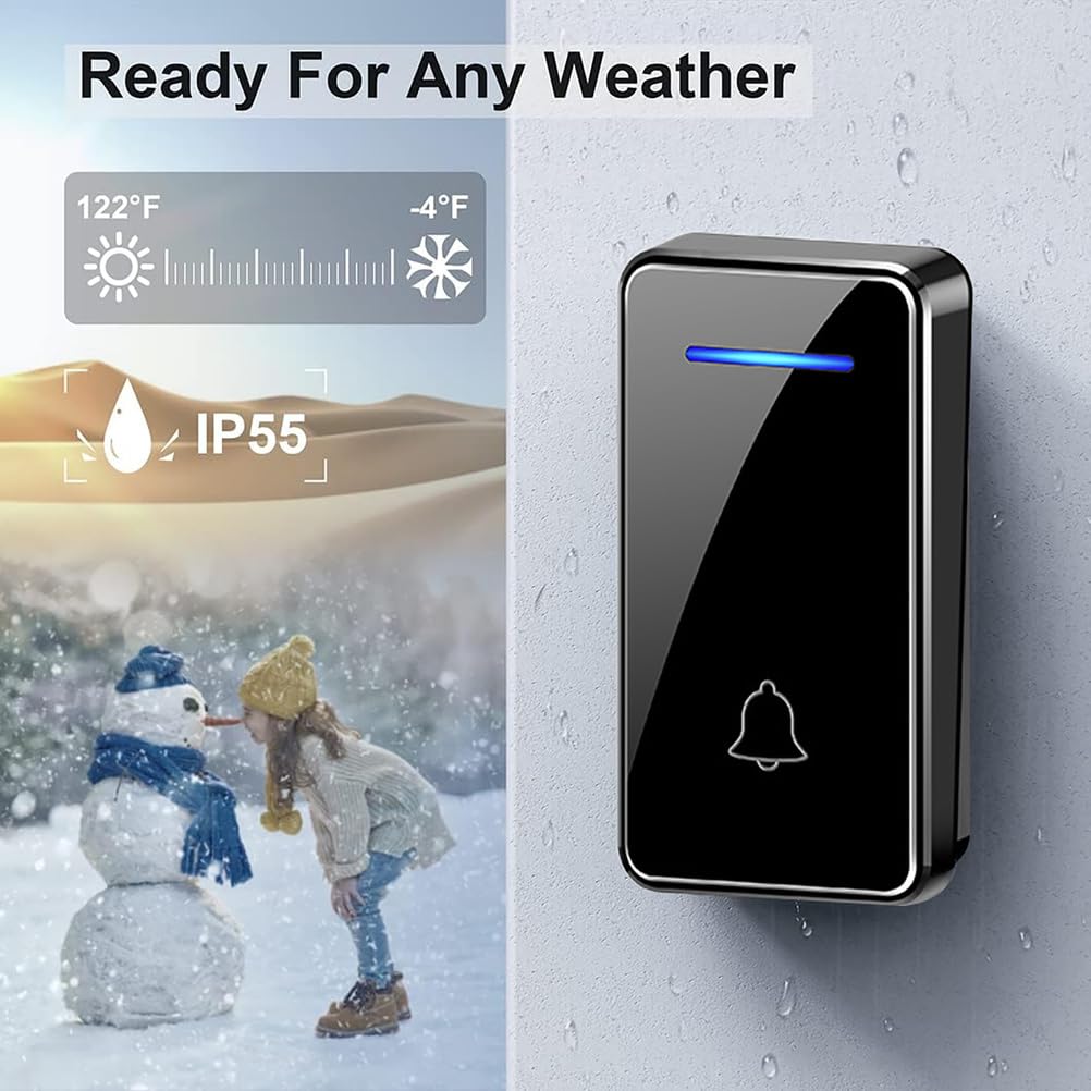 Timbre Inalámbrico Exterior Impermeable IP55,Timbre para Puerta Largo Alcance de 150m,Timbre Autoalimentado Indicador LED,1 Transmisor y 2 Receptores,5 Volumen Ajustable,60 Melodías,Negro