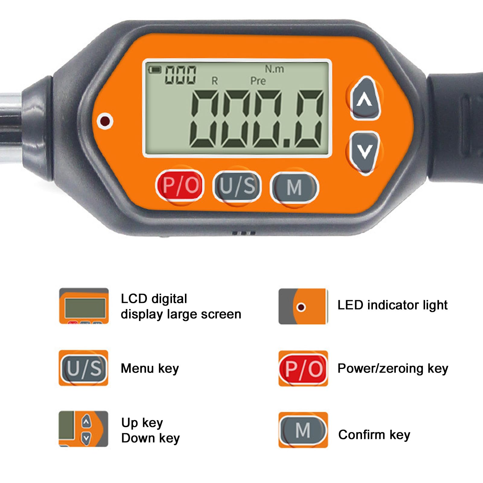 Llave Digital, Llave dinamométrica Digital de 240 mm de Longitud, 4 Unidades, Interfaz Cuadrada de 9x12 mm con zumbador e indicador LED para Mantenimiento Industrial.