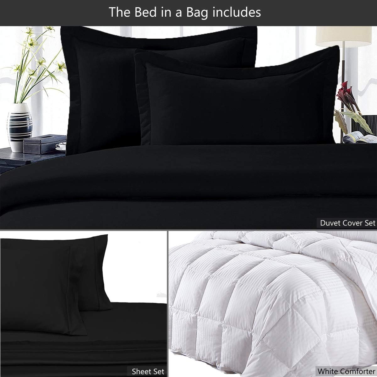 6 Pieces 100% Cotton Solid Black Twin Striped White Down Comforter Bed in a Bag Set Including a Sheet Set + a Duvet Cover Set+ All Season Striped White Down Comforter 300 Thread Count 550 Fill Power