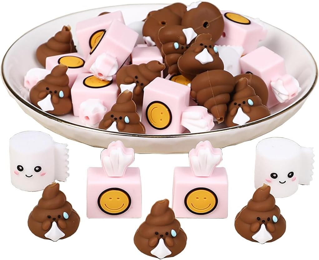 18Pcs Poop Silicone Focal Beads, Funny Cartoon Silicone Bead, Loose Spacer Beads, Large Hole Rubber Shaped Bead, for Adults Jewelry Making DIY Keychains Pens Bracelets Crafts