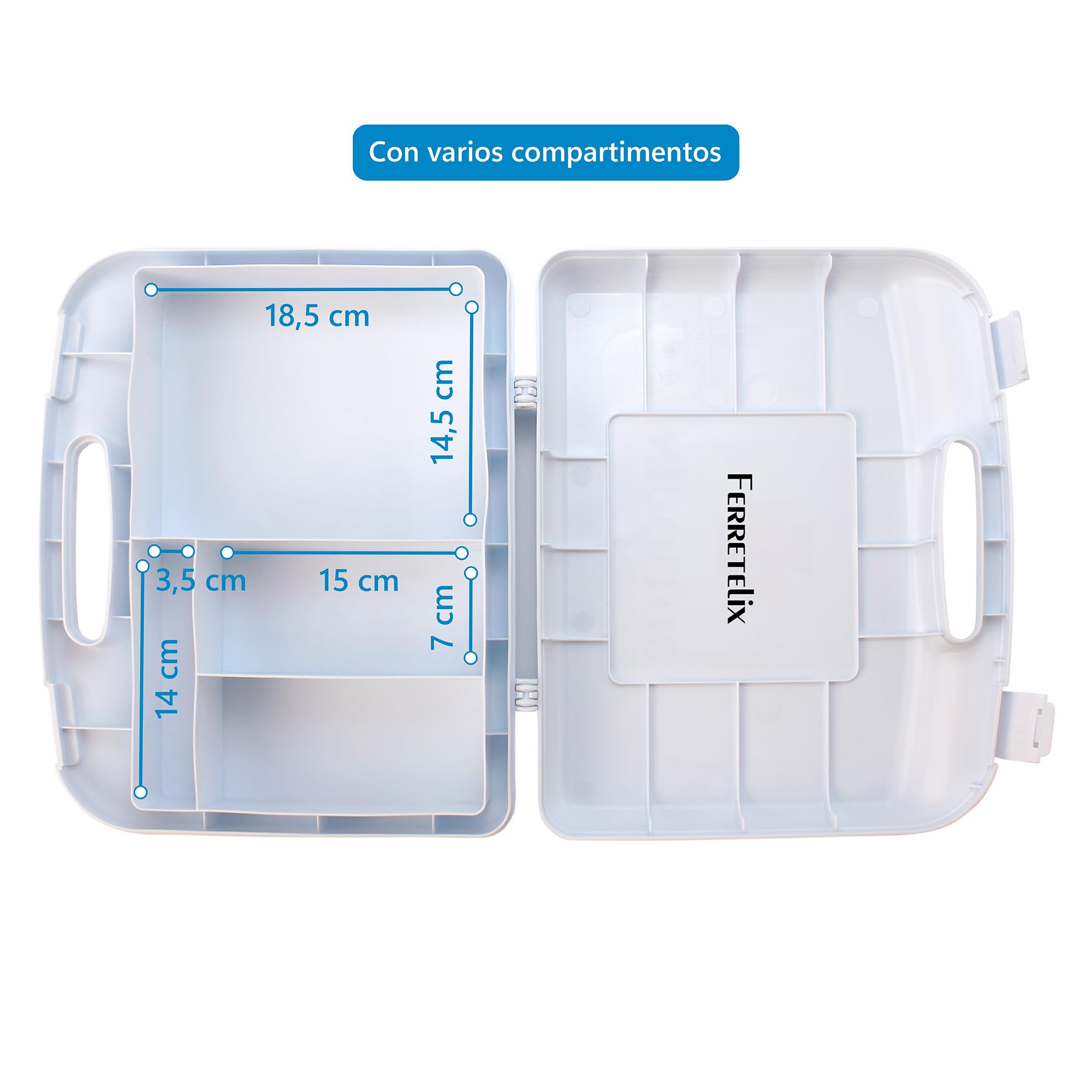 Ferretelix®. Botiquin maletín primeros auxilios con dotacion 310mm x 270mm x 80mm doble cierre de seguridad, incluye Antiséptico, Blanco