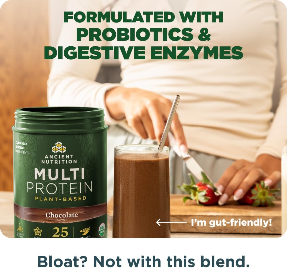 Ancient Nutrition Organic Multi Protein Plant Based Powder, 25g Protein, Hydrolyzed Pea Protein, Digestive Enzymes & Probiotics, Supports Muscle & Gut Health, Chocolate, 15 Servings - Image 5