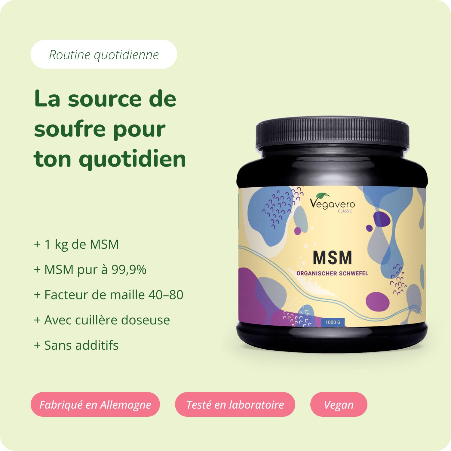 MSM Vegavero® Poudre | 1 Kg Méthylsulfonylméthane Pur à 99,9% | Sans Additifs & VEGAN | Formation de Collagène | Testé en Laboratoire | Format Sachet ou Boîte