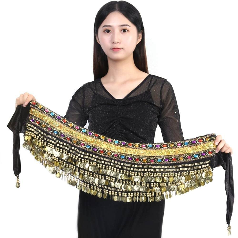 Dancer Skirt, Belly Dance Hip Scarf Wrap Belt Women Sexy Dancer Skirt Female Show Costumes Sequins Tassels Black