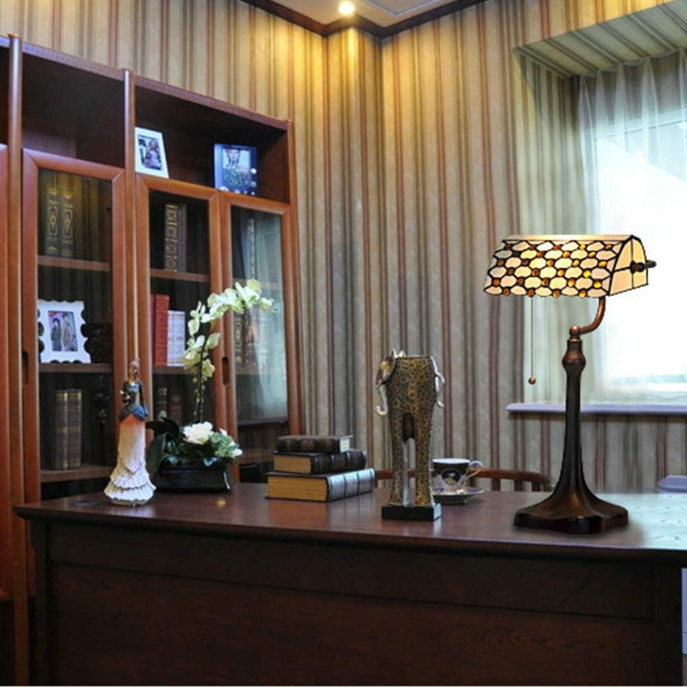 Free Shipping Over $50 HT Tiffany Style Traditional Banker’s Desk Lamp 10 Inch Wide Bead Curtain Stained Glass Shade Cast Iron Antique Base Traditional Handmade Lighting for Dining Room Living Room Bedroom Study Office