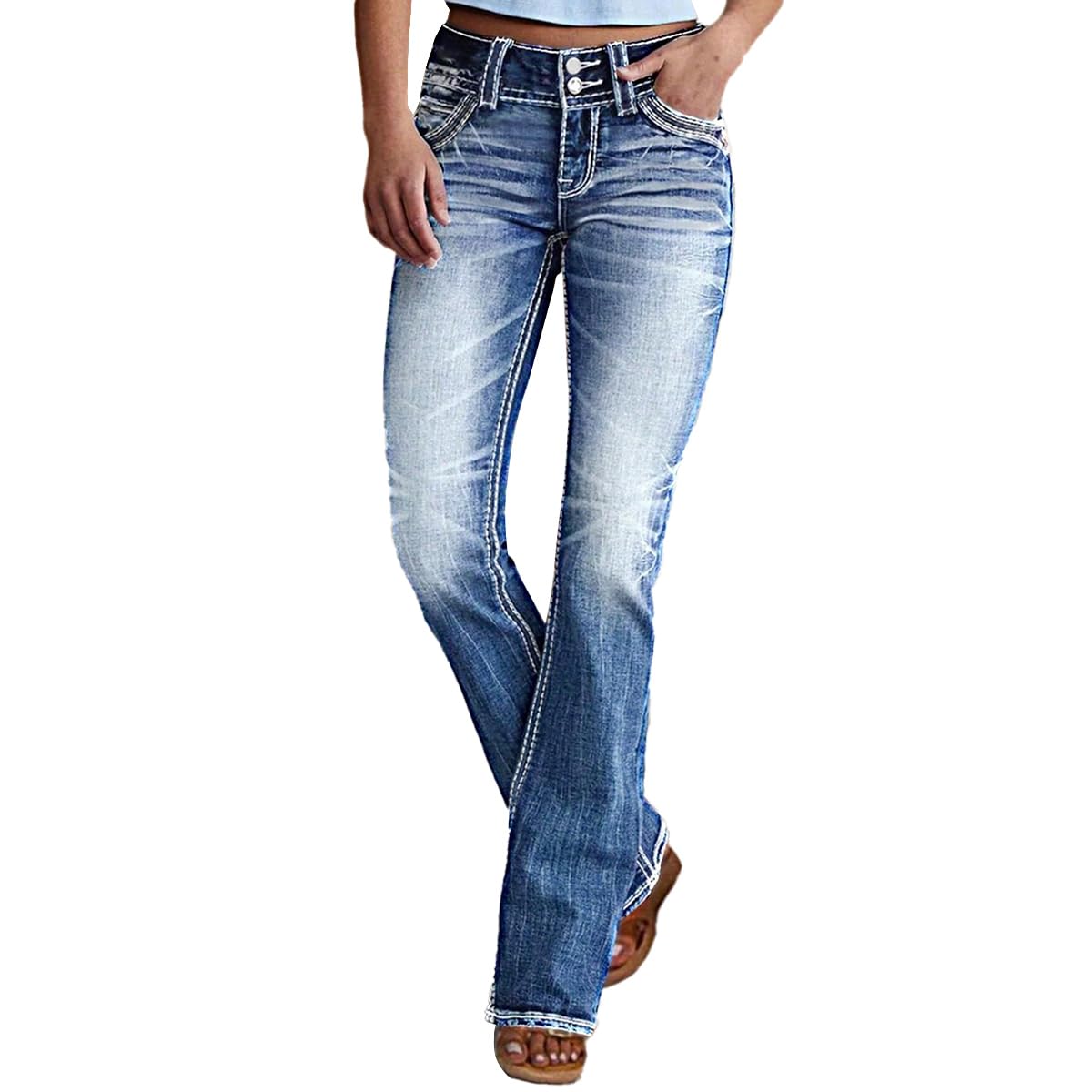 Women's Mid Waisted Bootcut Jeans Stretchy Slim Double Button Flare Pants