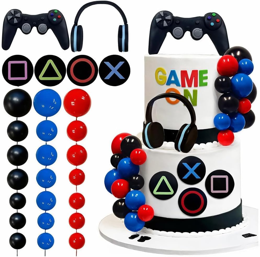 30pcs Gaming Cake Topper Set,Game On Gamer Cake Decorations with Headset, Controller,Game Symbol Toppers & Cake Balls,for Birthday Parties,Gaming Themed Celebrations (Black)