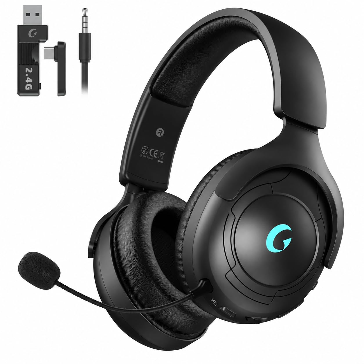 Gvyugke ゲーミングヘッドセット 2.4G USB/Type-C/Bluetooth 5.4/有線 4WAY接続 20ms 超低遅延 ワイヤレスヘッドホン 50MMドライバー立体音響 45H長時間再生 高遮音性 RGB ライト ノイズキャンマイク 軽量 ヘッドホン ヘッドセット PS5 PS4 Switch Xbox PC 対応