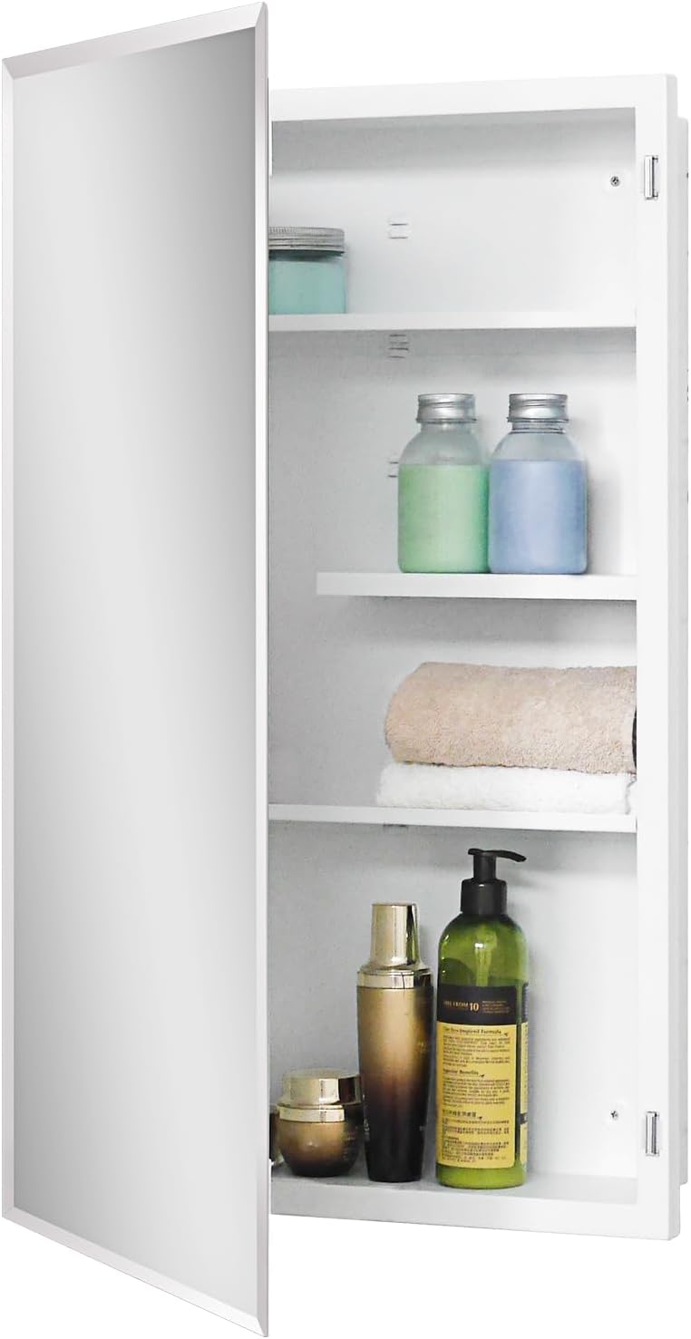Fundin White Medicine Cabinet Recessed or Surface Mount, Bathroom Medicine Cabinet with 18 x 30 Beveled Mirror and Adjustable Staggered Shelves, Wall Mount
