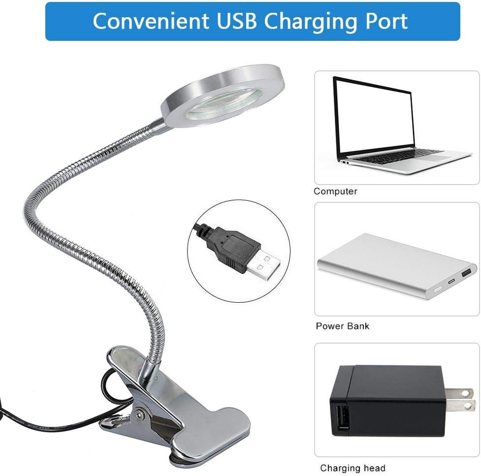 Clip On lamp, Clip On Desk Lamp, USB Lamp, Adjustable Light Color and USB Beauty Lamp with Clip 2.5X Magnifier Feature for Eyebrow Eyelash Extension and Reading