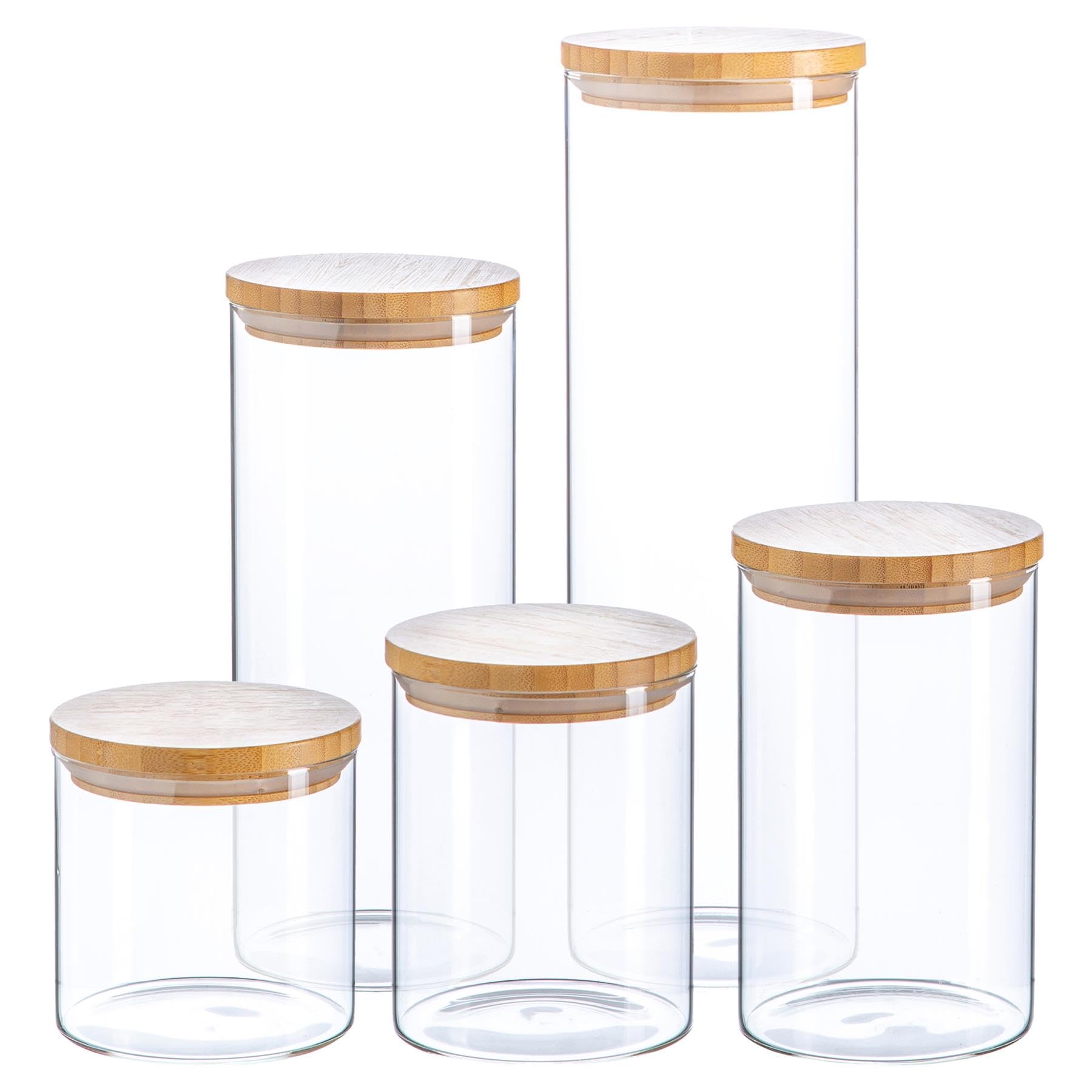 Argon Tableware Unisex Clear Scandi Glass Storage Jar Set - Wooden Lids Round Glass Jar - 5 Sizes In