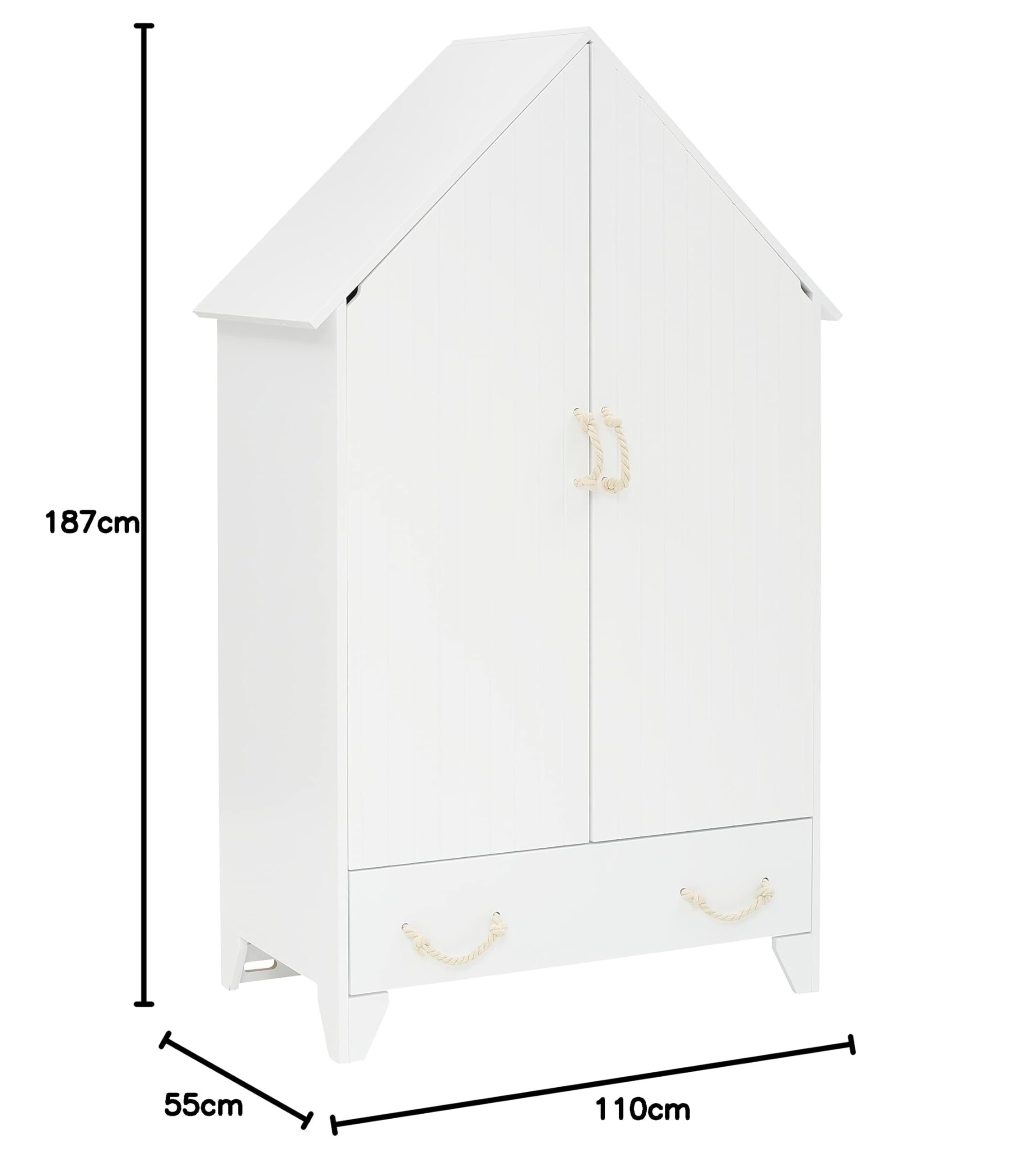 Puckdaddy Carlotta | Kleiderschrank 110x55x187cm | Kinderkleiderschrank weiß lackiert | Babyzimmer und Kinderzimmer | Babyschrank Haus | Stauraum für Kleidung und Spielzeug | inkl. Jutephasergriffe