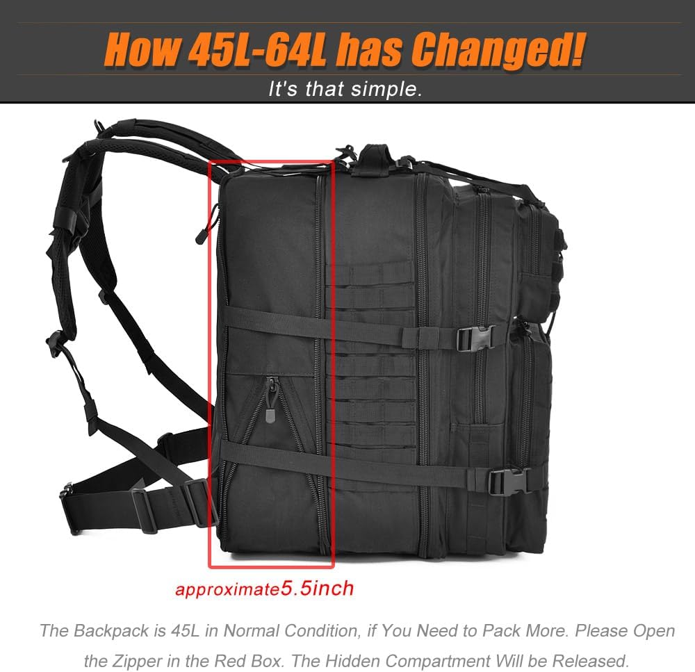 64L Large Tactical Backpack, Military Backpack, Molle Backpack, Tactical Bag, Hiking Daypacks (3, black) - Image 4