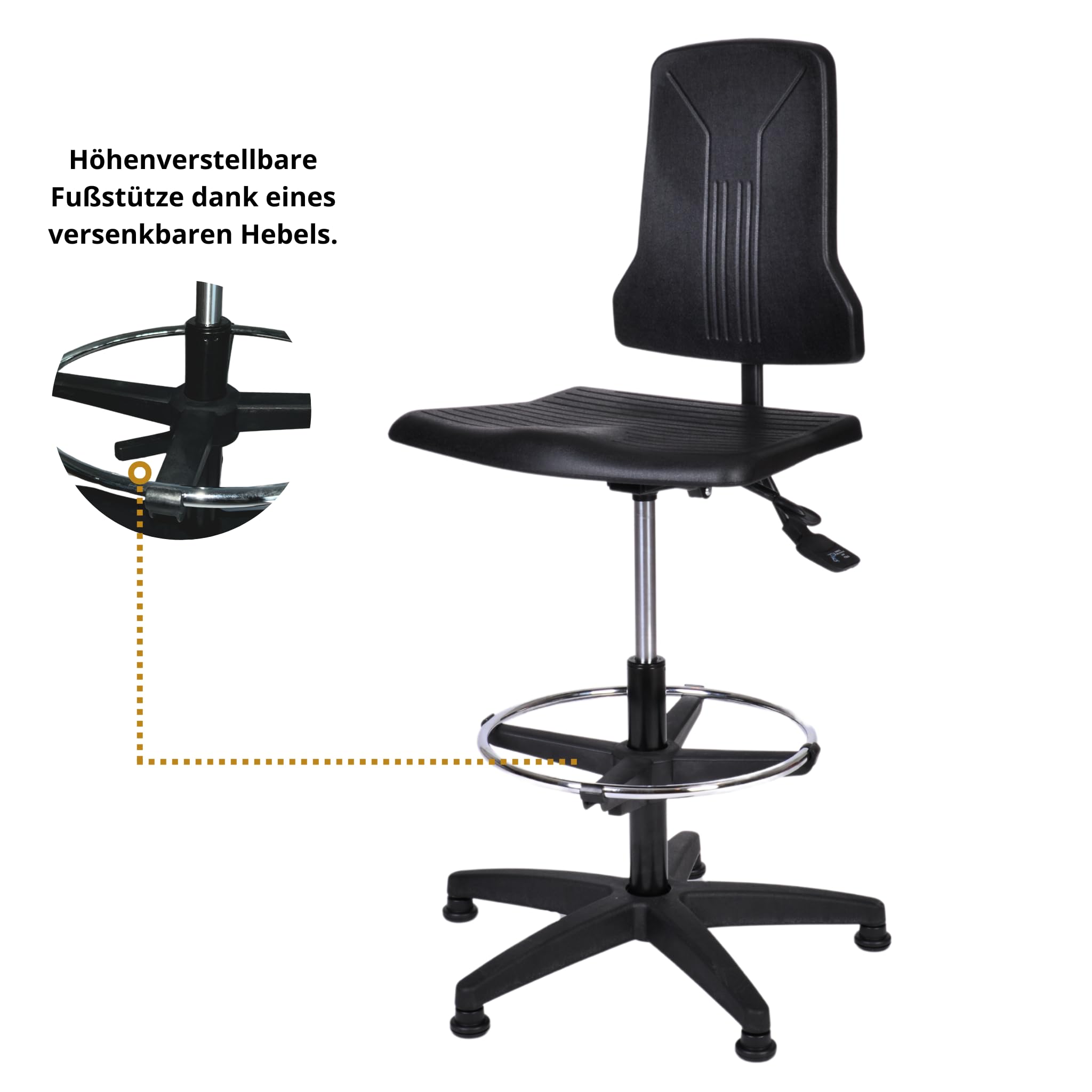 Topsit IND000120 Arbeitsstuhl aus Polyurethan, ergonomischer Arbeitsstuhl für Labor, Synchronmechanik, höhenverstellbar und leicht zu reinigen, Stabiler Sockel mit Metallfußring und Füßen.