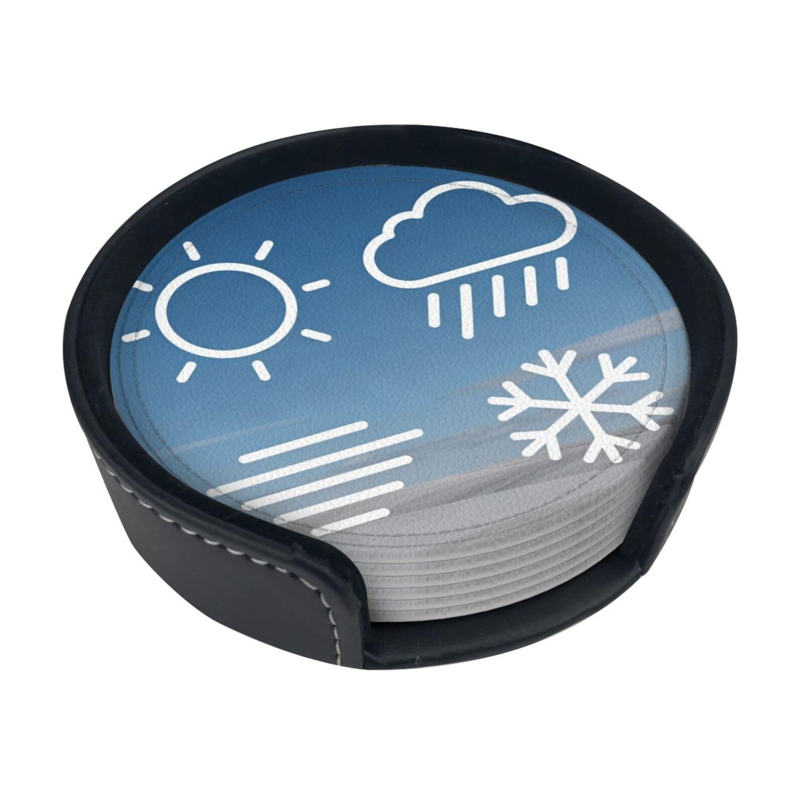 Cntdbu White Weather Symbols Leather Coasters Set Of 6-Pu Leather Drink Mats For Table, Heat Resistant Round Coasters With Holder
