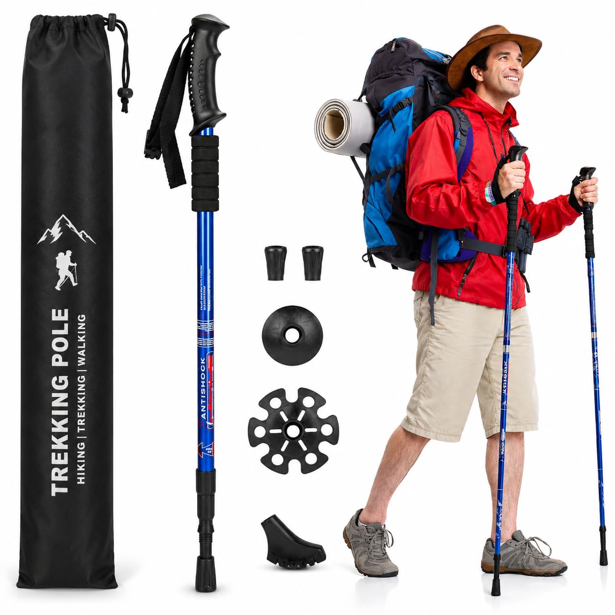 Collapsible Lightweight Anti Shock Trekking Poles with Carry Bag | Adjustable Length, All Terrain Use, for Men and Women, Walking Sticks, Blue, 1 Pole-image-42