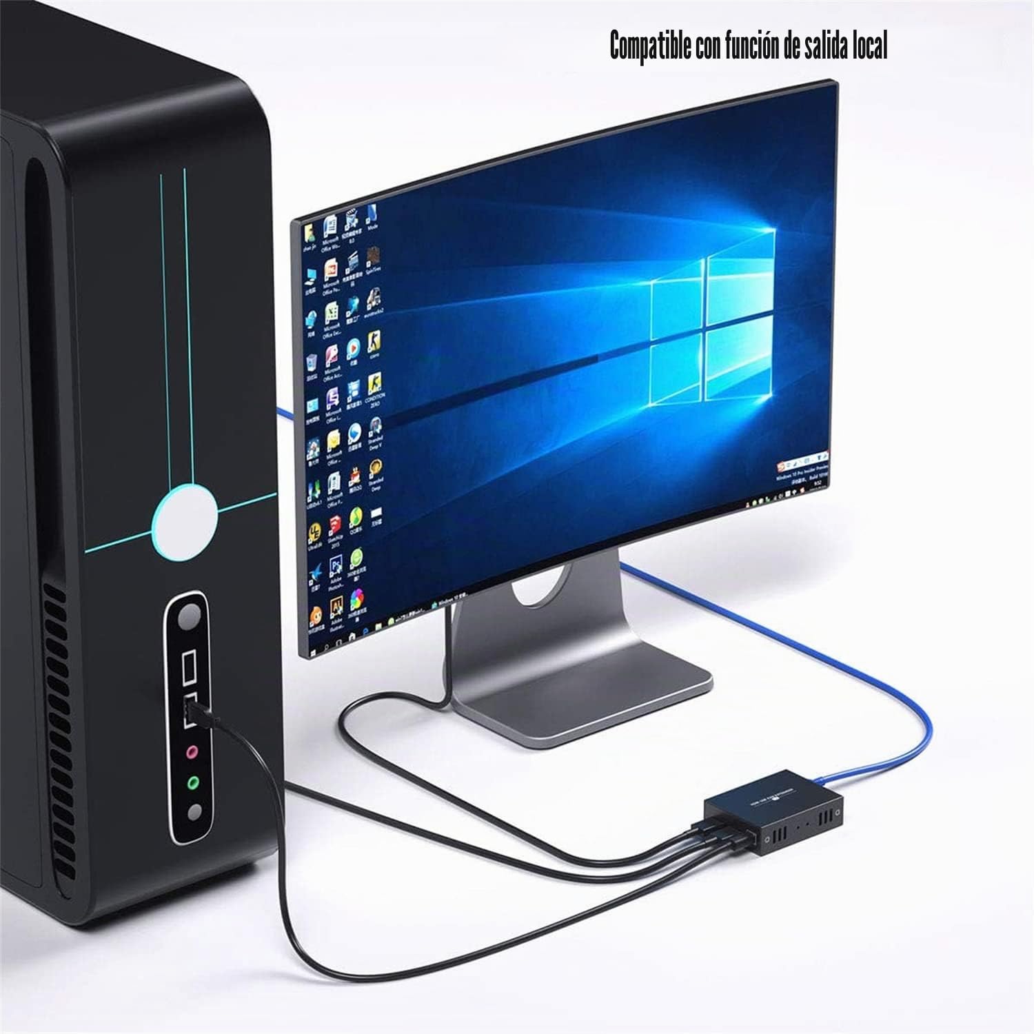 Extensión KVM HDMI 60 m en Cat5e/Cat6, HDMI 1080p, alargador KVM USB, transmisión con hebilla, negro, montaje en rack