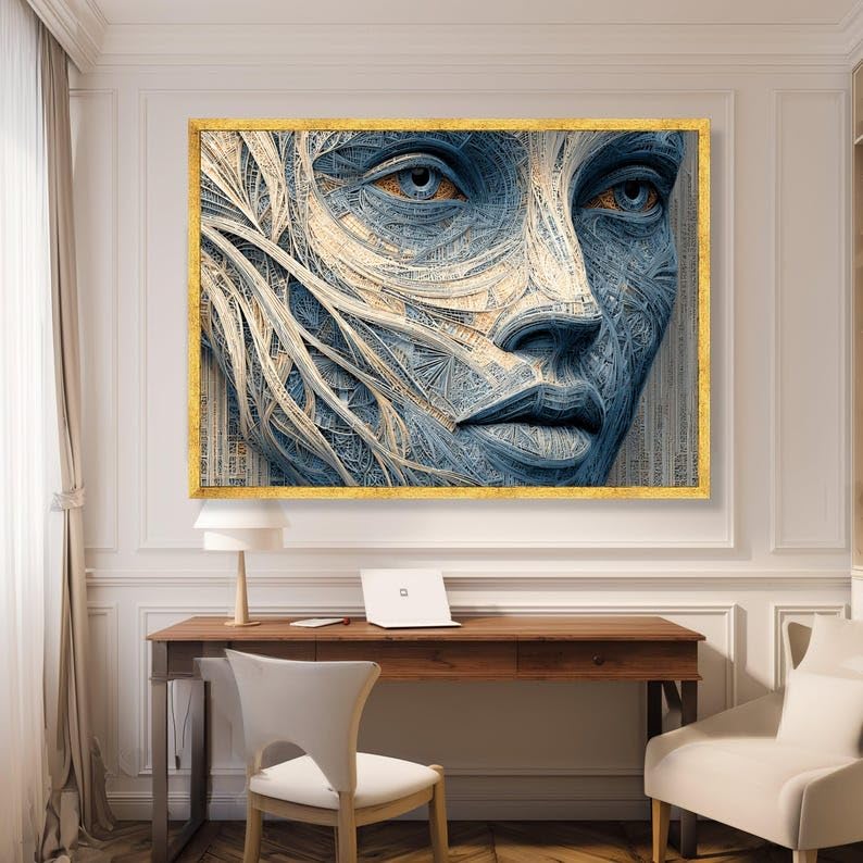 Tableau abstrait sur toile portrait géométrique bleu beige moderne 70x100 cm sans cadre - 4