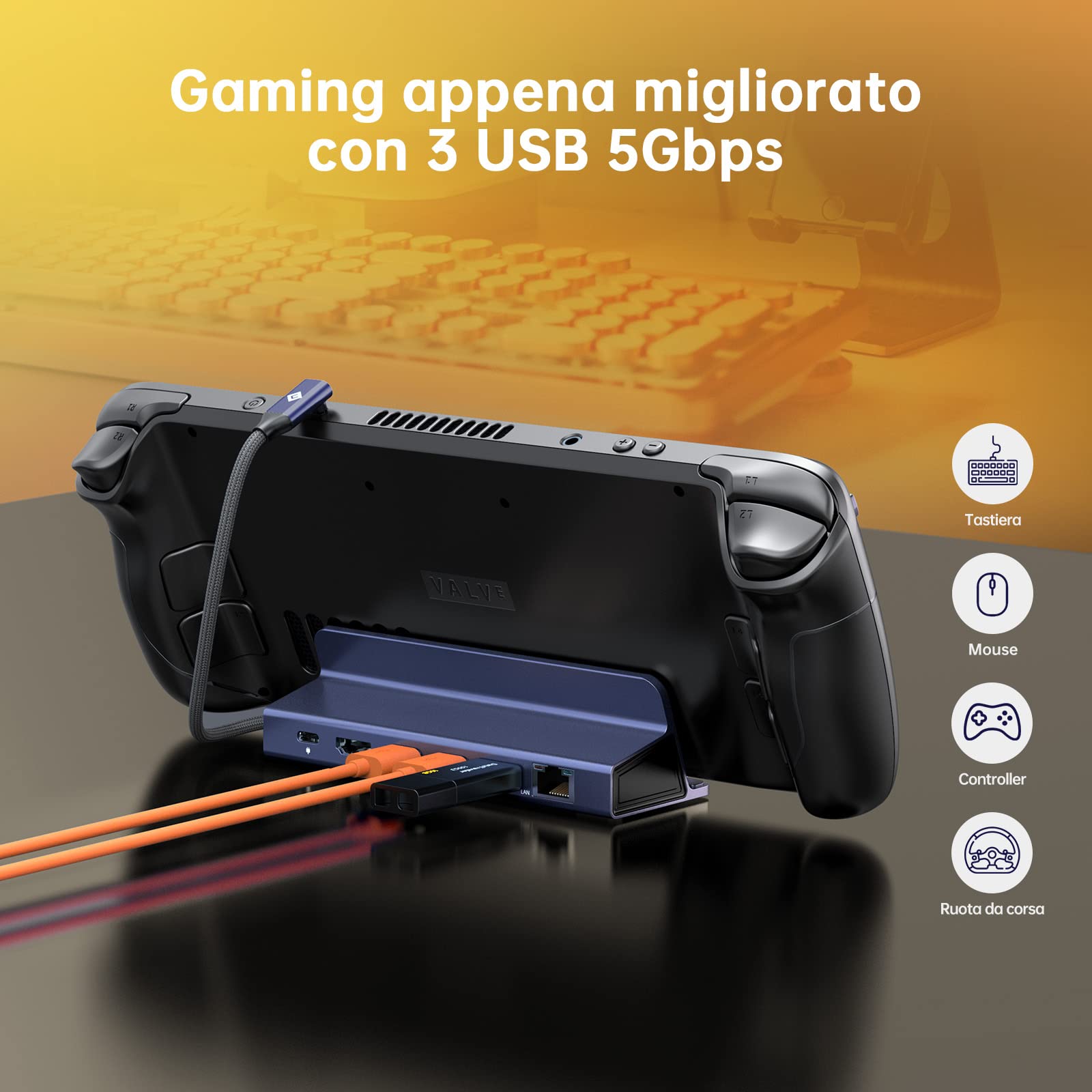 NOVOO 6-in-1 Docking Station per Steam Deck, con HDMI 2.0 4K@60Hz, Ethernet 1Gbps, 3 Porte USB A 3.0, Ricarica USB C PD 100W, Compatibile con Valve Steam Deck