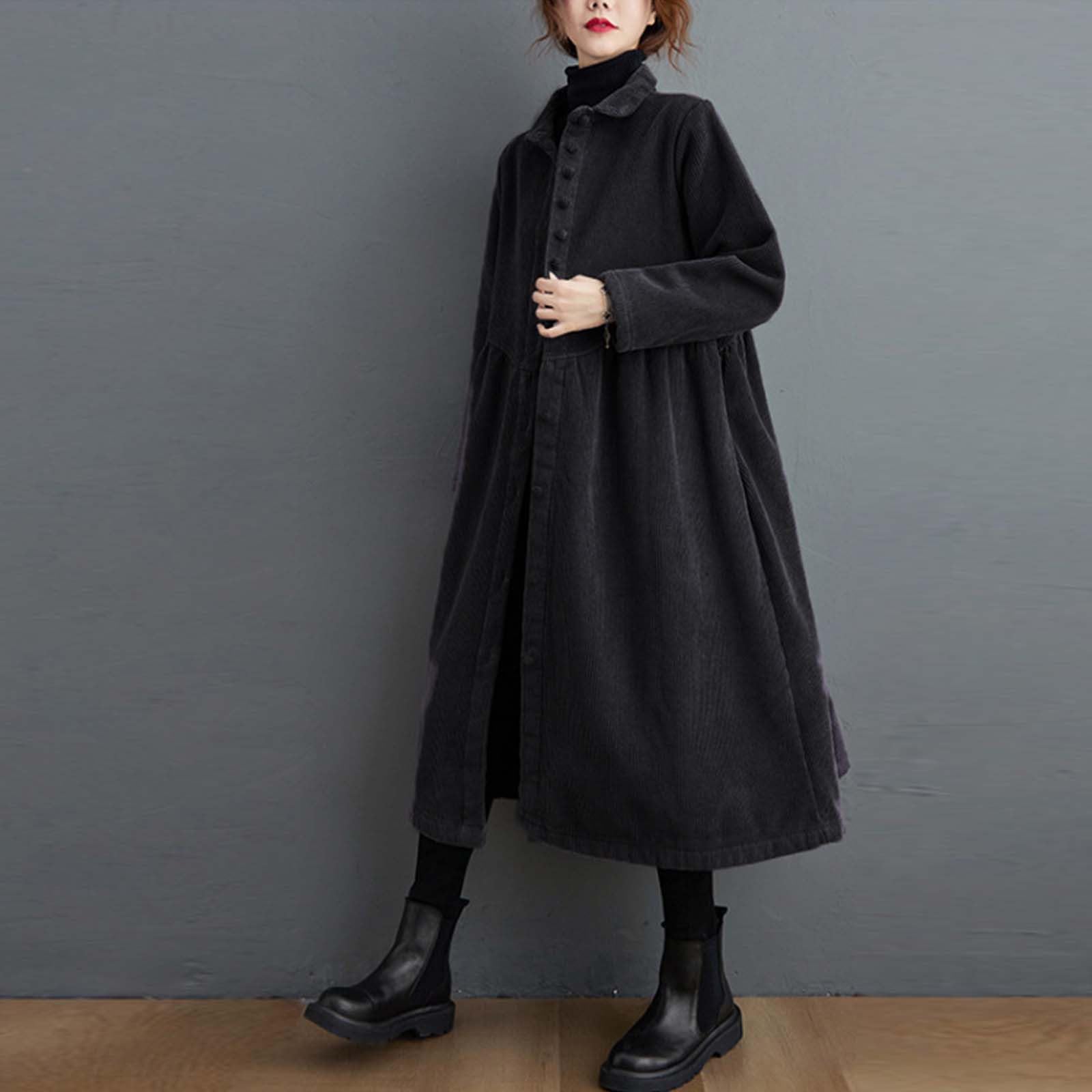 Chaqueta larga de pana para mujer, gabardina de forro polar, cálida y resistente al viento, camisa de vestir con vuelo, ropa de abrigo vintage, elegante abrigo casual suelto con bolsillos, abrigo de