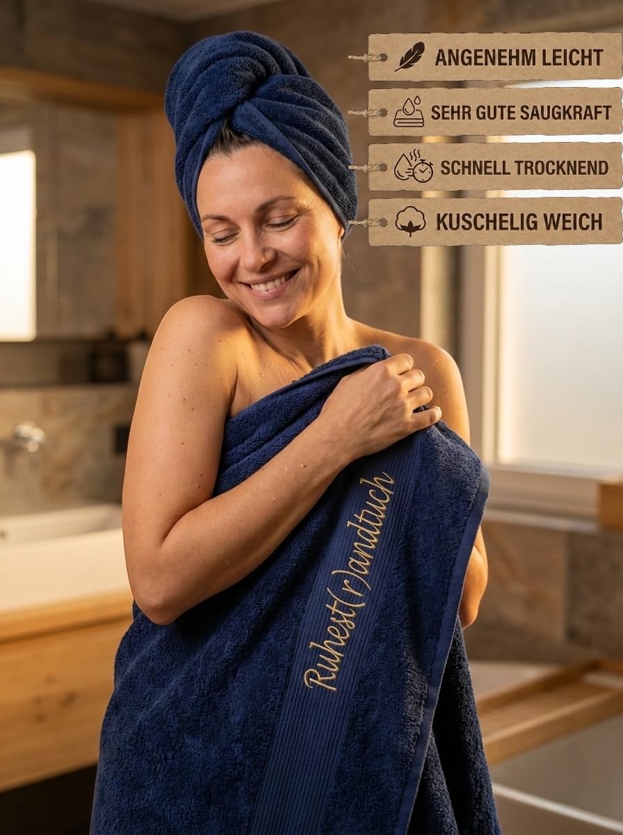 Arthi® Geschenk zum Ruhestrand Bade- Duschtuch inkl. Stickerei Ruhest(r) andtuch100% Baumwolle 50x100cm / 100x150cm nützliche Geschenke (Marineblau, 100x150)