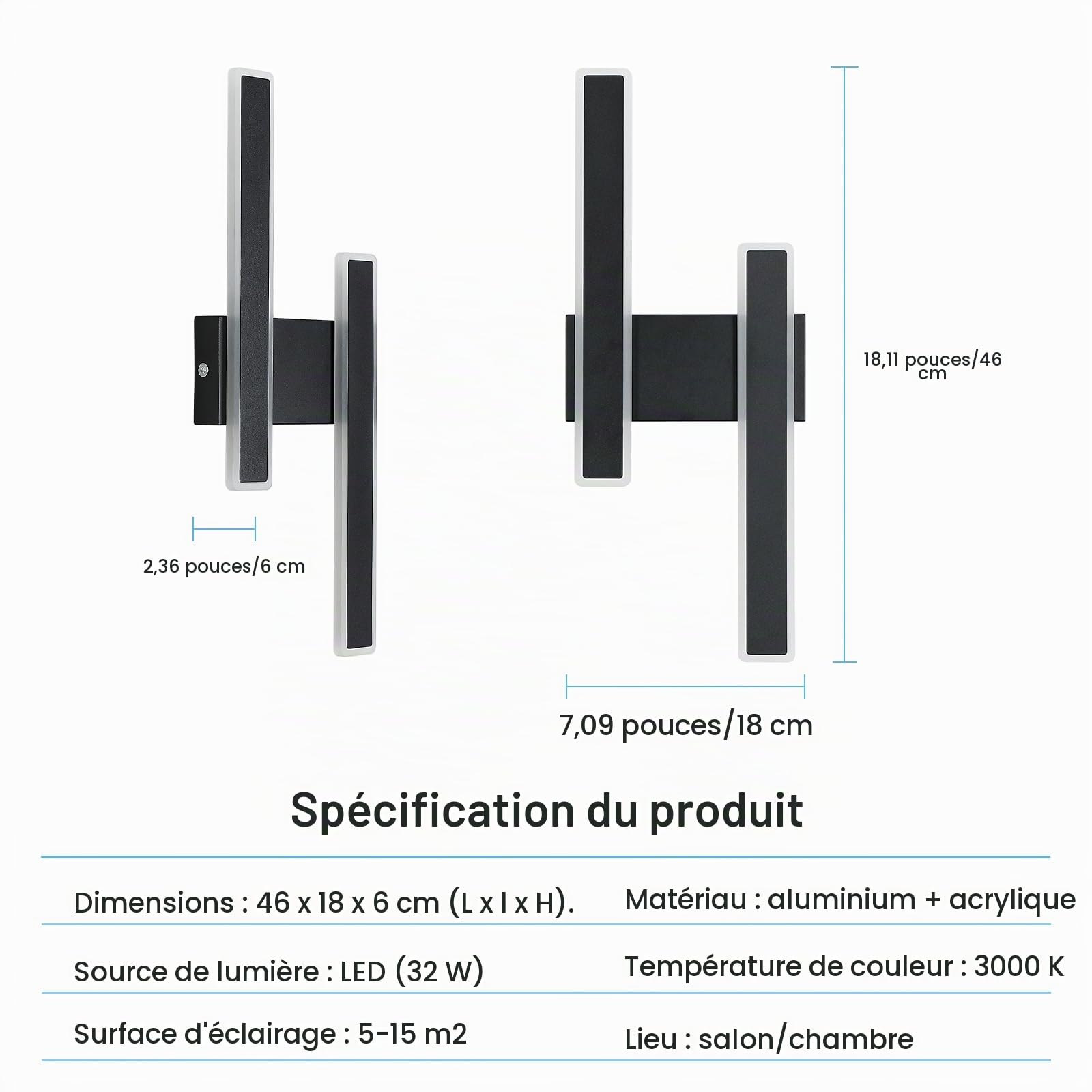 Comely Applique Murale Intérieure LED, 32W 3600LM Lampe Murale Moderne | 6500K Lumière Blanche Froide, Acrylique Luminaire Mural Interieur pour Chambre, Salon, Couloir, Escalier, Noir