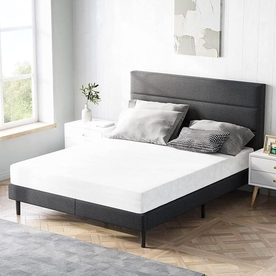 Image of Wooden Modern Upholstered Queen Size Bed for Bedroom | Wooden Double Bed Without Storage | Platform Cot Upholstered Bed with Upholstery Fabric | 6.5 x 5 Ft | Dark Grey Khaza Eithan