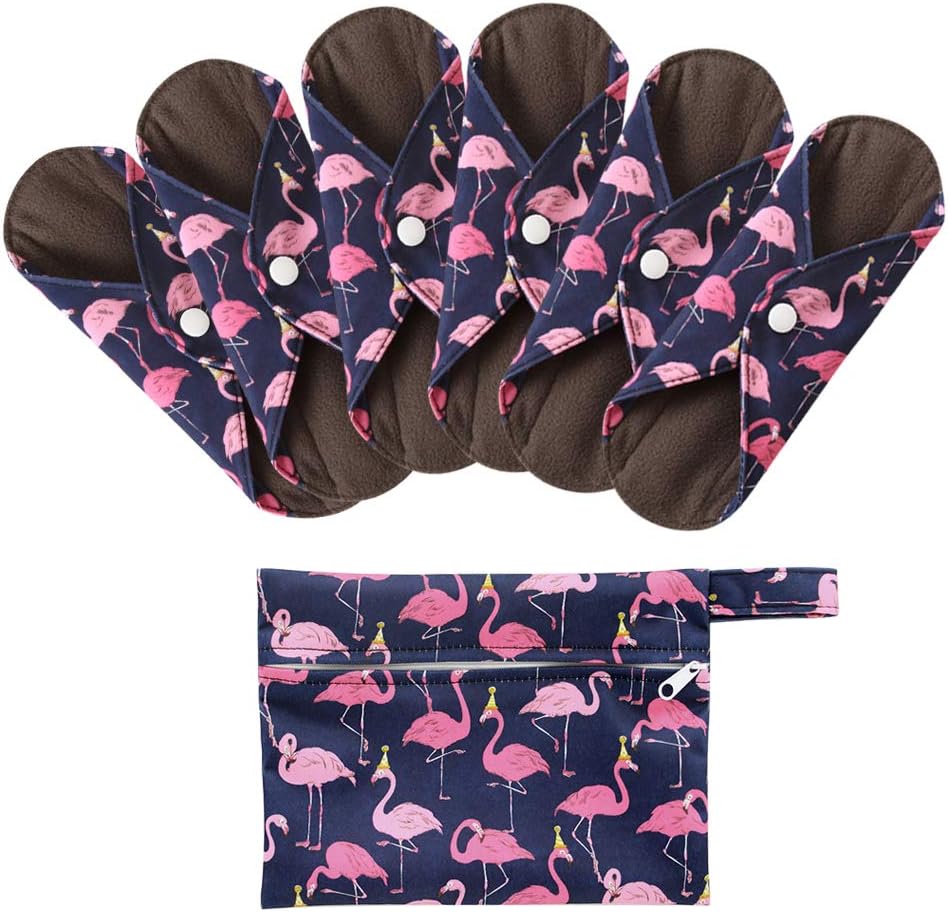 7pcs Set 6pcs Absorbent Reusable Sanitary Pads/Washable Bamboo Cloth Menstrual Pads + 1 pc Mini Wet Bag (Flamingo NV, Large)