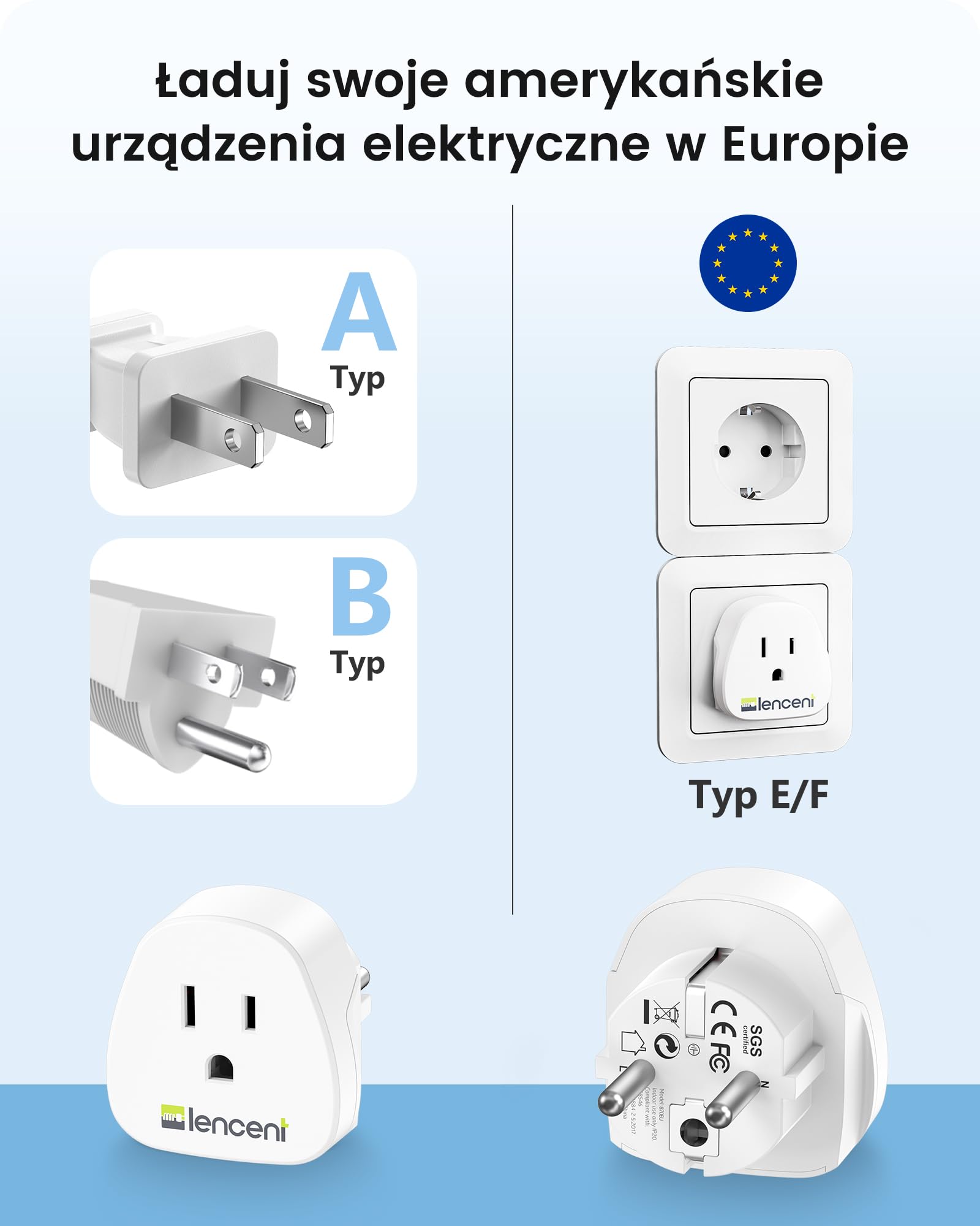 LENCENT 2 sztuki Adapter Podróżny USA do Polski/UE Wtyczka, Typu-C/E/F Podróżna Adapter [3250 W/13 A MAX] Wtyczki Adapter, Ameryki USA, Japonia, Kanada, Meksyk Wtyczka do Polski/UE ładowarka ścienna