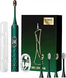 Escova de Dente Elétrica Sônica para Adultos, Cerdas Macias e Médias, USB Recarregável, IPX7 à Prova d’Água, 4 Cabeças Substituíveis, Portátil para Viagem, Presente (Verde)