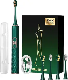 Escova de Dente Elétrica Sônica para Adultos, Cerdas Macias e Médias, USB Recarregável, IPX7 à Prova d’Água, 4 Cabeças Substituíveis, Portátil para Viagem, Presente (Verde)