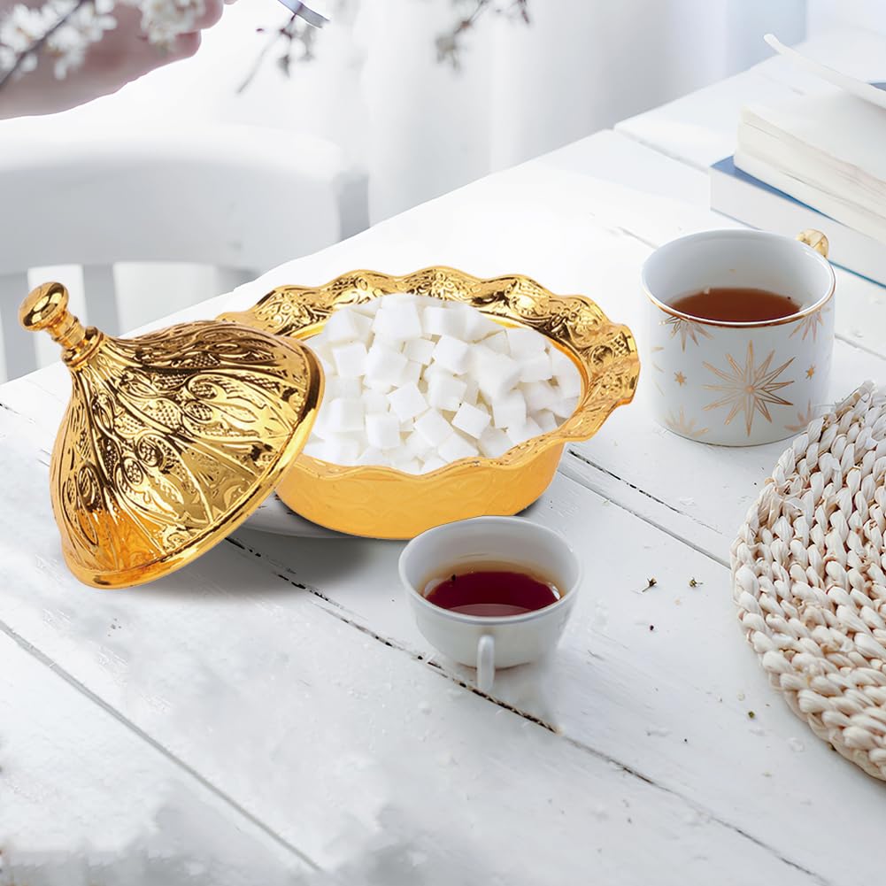 Piatto Portacaramelle Dorato Con Coperchio | Contenitore Turco Per Frutta E Snack | Goffratura Floreale 10x7 Cm - 4