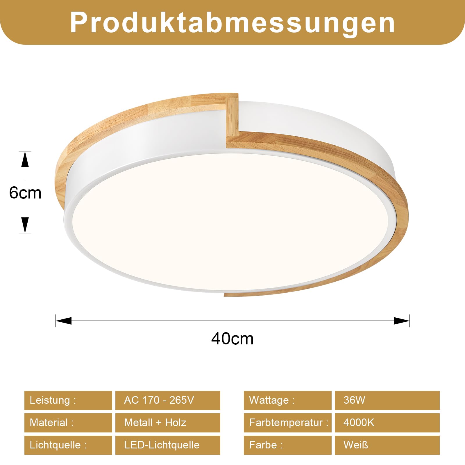 LED Deckenleuchte, Weiß Deckenlampe 40cm | 36W Lampe mit Holz für Schlafzimmer Wohnzimmer Küche Flur Esszimmer 4000K