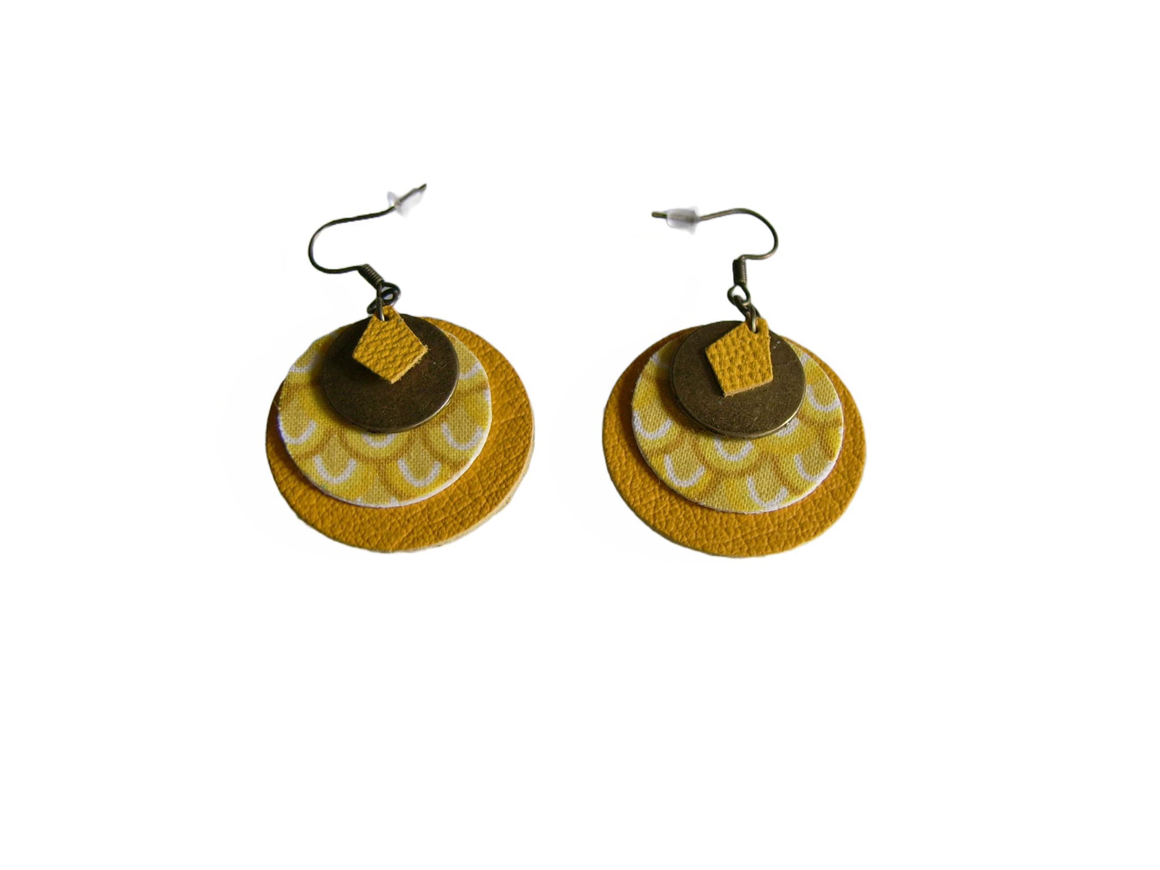 Boucles d'Oreilles Pendantes Originales Jaune Moutarde Curry Citron Vif Bronze Marron Cuir/Tissu/Métal clip possible Artisanat Français Made In France pas cher petit prix