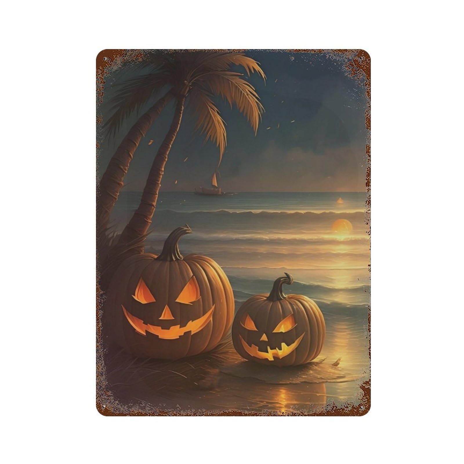 Pumpkins on Tropical Beach Weathered Tin Sign 15.7"x11.8", Decorative Metal Wall Art for Garage, Bar And Workshop Decor