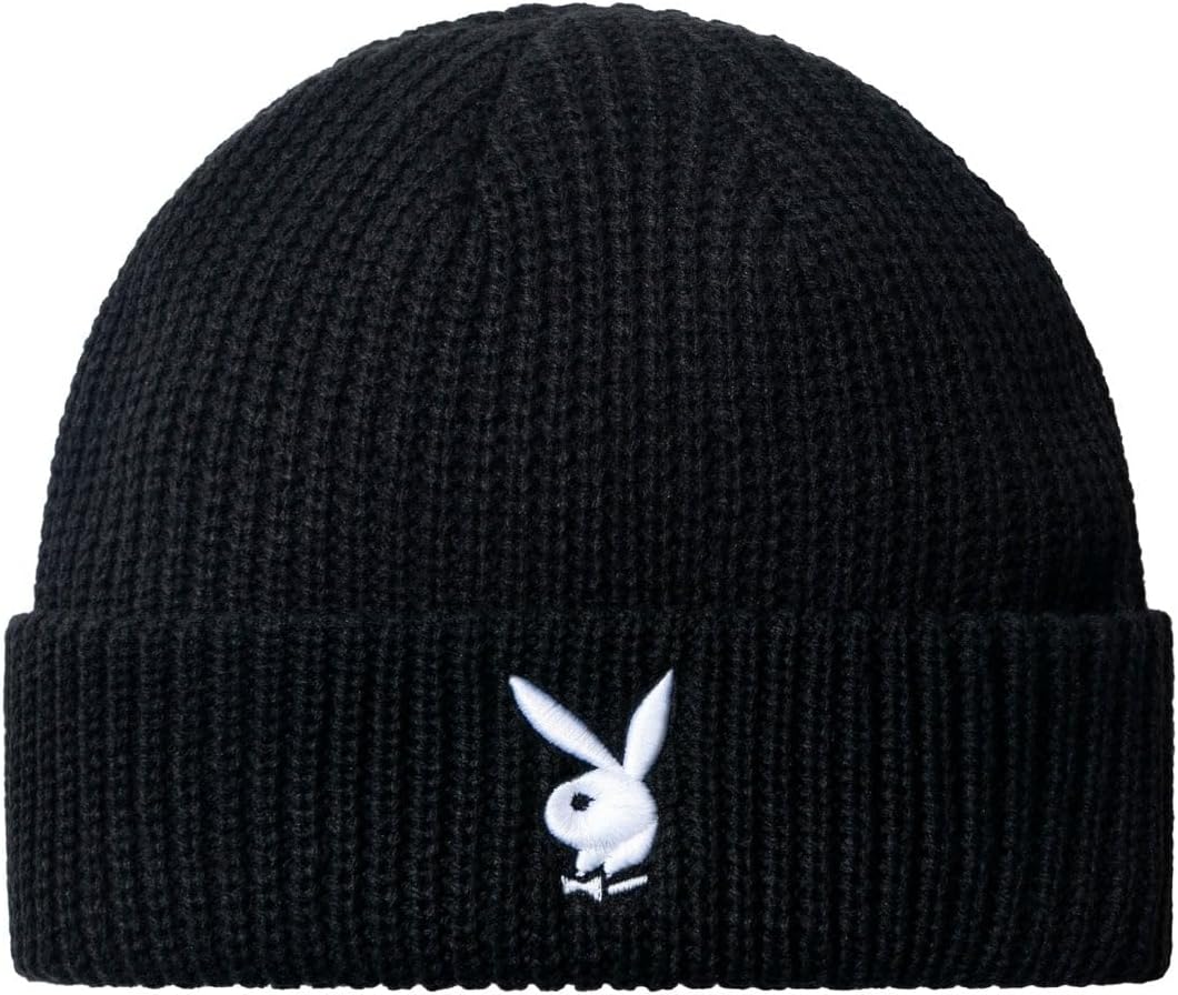 Playboy Classic Cuffed Beanie Black Cotton Knit Hat with Rabbit Head Logo, Unisex Winter Cap One Size Fits All
