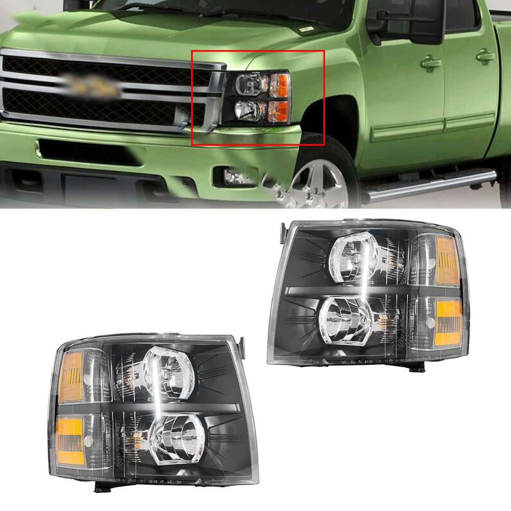 DIBON AUTO Headlights Set Compatible For 2007-2014 Silverado 2500HD 3500HD 2007-2013 Chevy Silverado 1500 Pickup Truck Pair Headlamps Assembly (Black Housing Amber Reflector Clear Lens)
