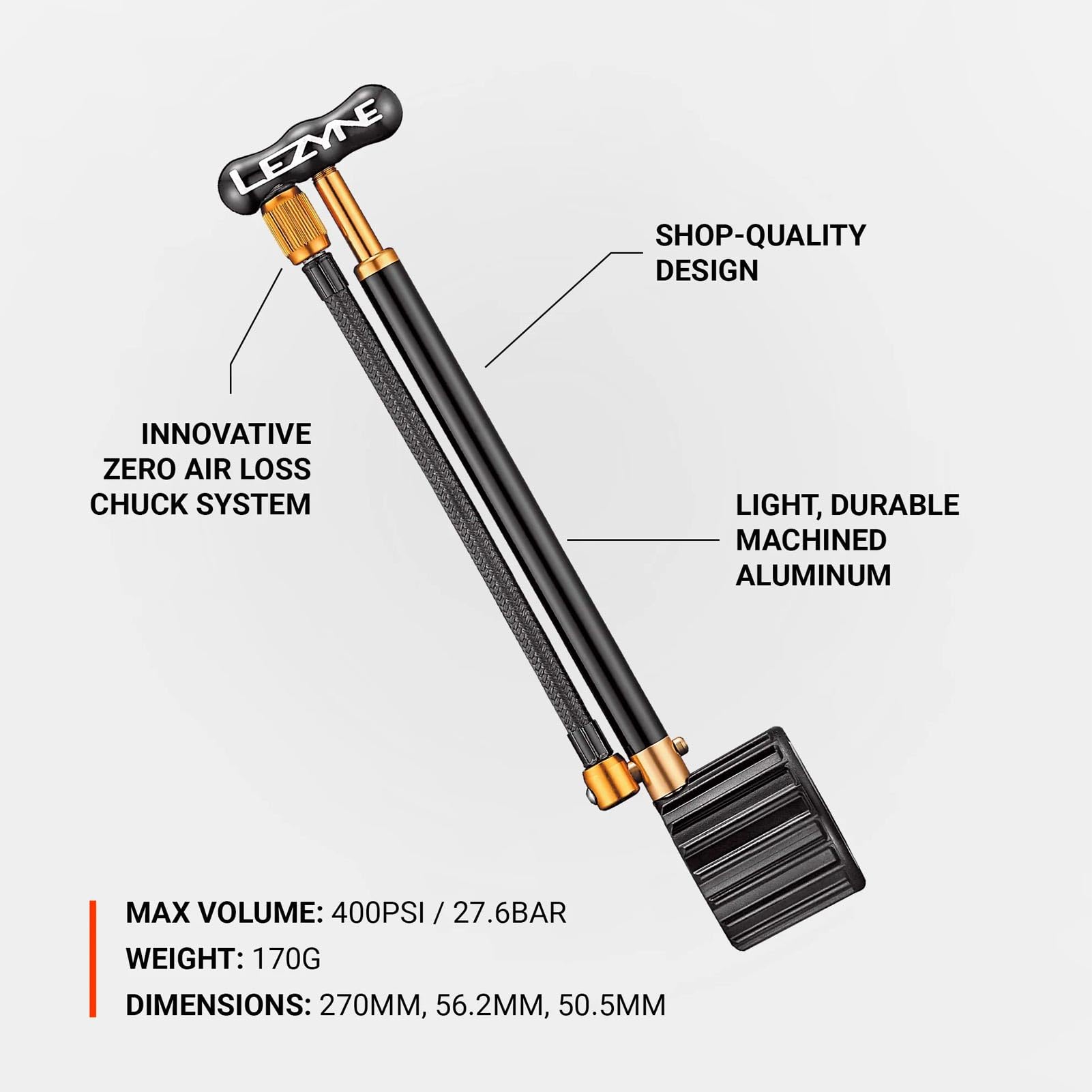 LEZYNE Shock Drive Pompe à main pour vélo, haute pression 400 psi, portable, pompe à vélo de montagne et de route