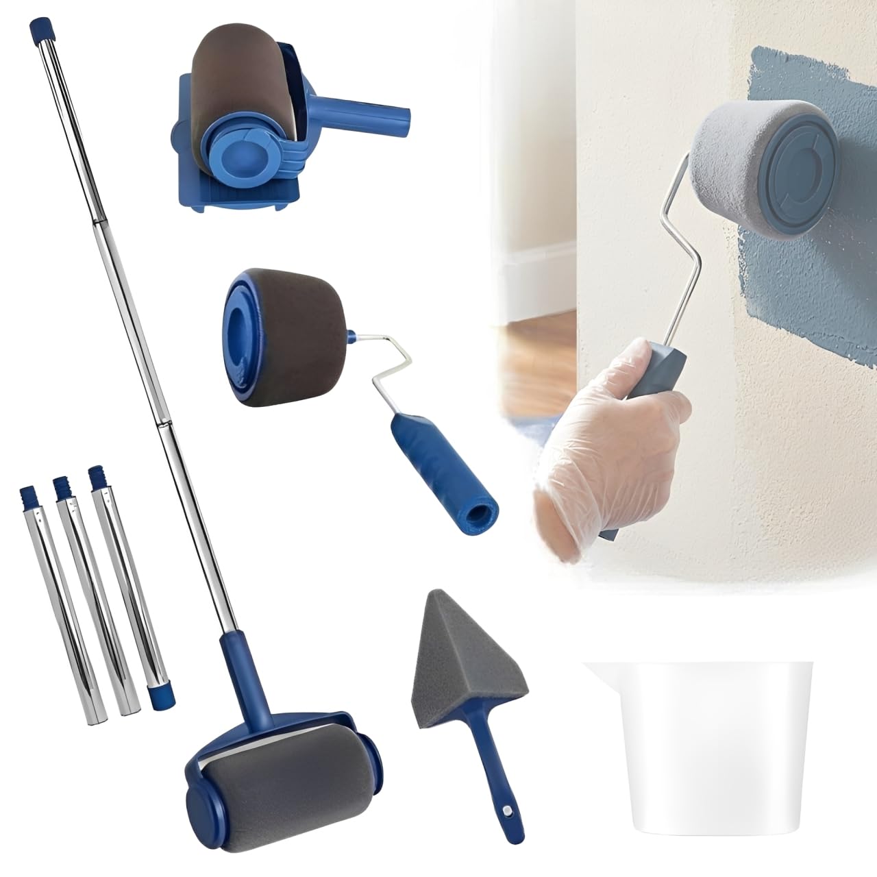 8PCS Paint Roller Runner Pro Set Handle & Extension Poles Wall Painting Kit Corner Cutter, Flocked Edger, Tray & Pour Jug Reusable DIY Wall Ceiling Paint Roller